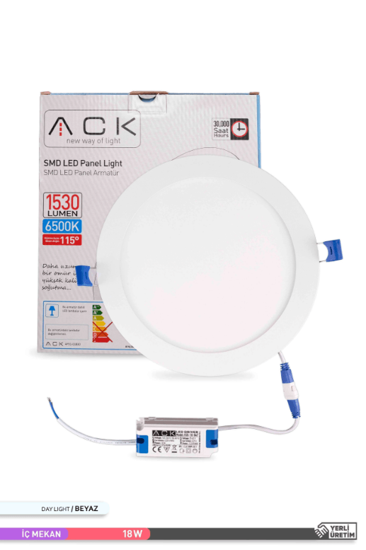 ACK Sıva Altı 18W Led Panel Beyaz Işık Yuvarlak Panel Armatür 