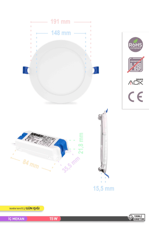 ACK Sıva Altı 15W Led Panel Günışığı Yuvarlak Panel Armatür 