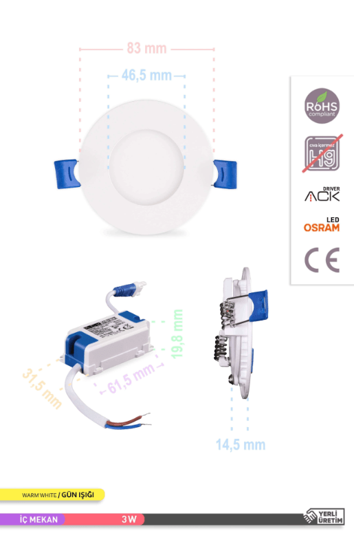 ACK Sıva Altı 3W Led Panel Günışığı Yuvarlak Panel Armatür 
