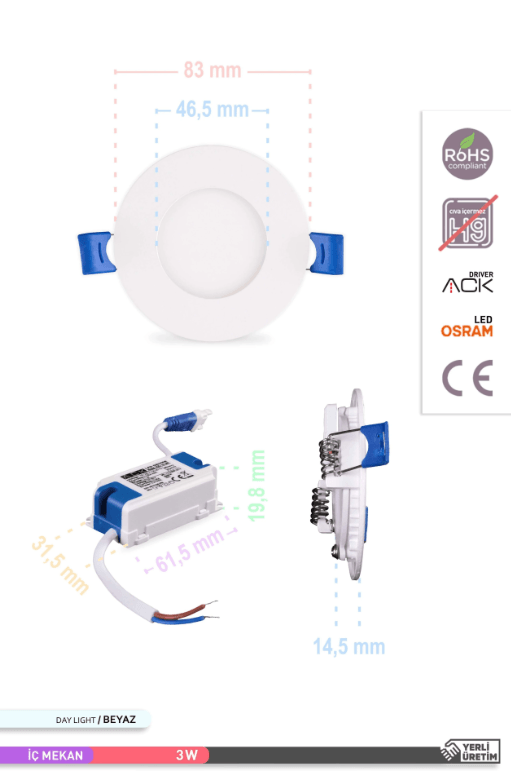 ACK Sıva Altı 3W Led Panel Beyaz Işık Yuvarlak Panel Armatür 