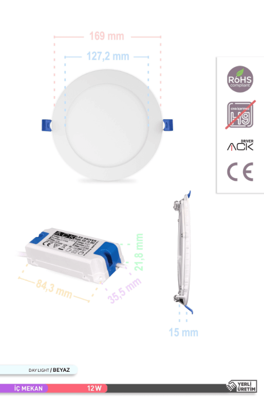 ACK Sıva Altı 12W Led Panel Beyaz Işık Yuvarlak Panel Armatür 