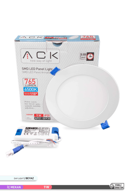 ACK Sıva Altı 9W Led Panel Beyaz Işık Yuvarlak Panel Armatür 