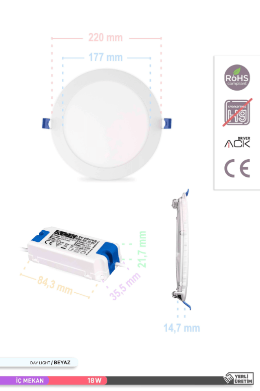 ACK Sıva Altı 18W Led Panel Beyaz Işık Yuvarlak Panel Armatür 