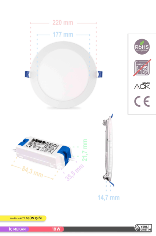 ACK Sıva Altı 18W Led Panel Günışığı Yuvarlak Panel Armatür 
