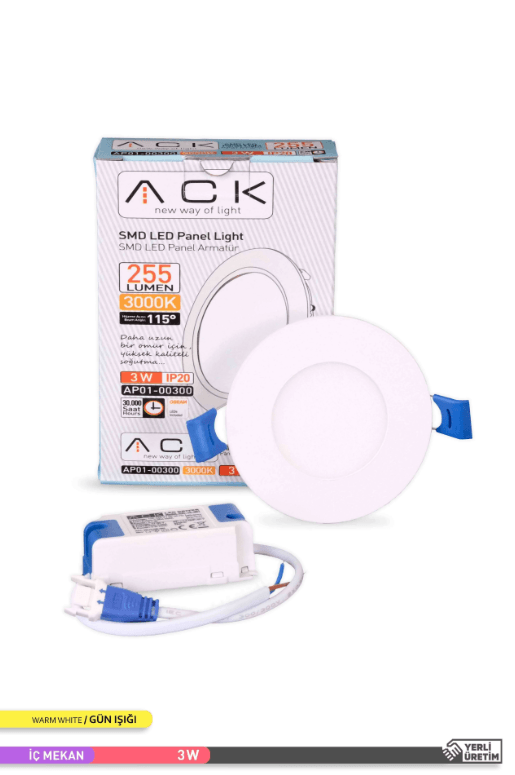 ACK Sıva Altı 3W Led Panel Günışığı Yuvarlak Panel Armatür 