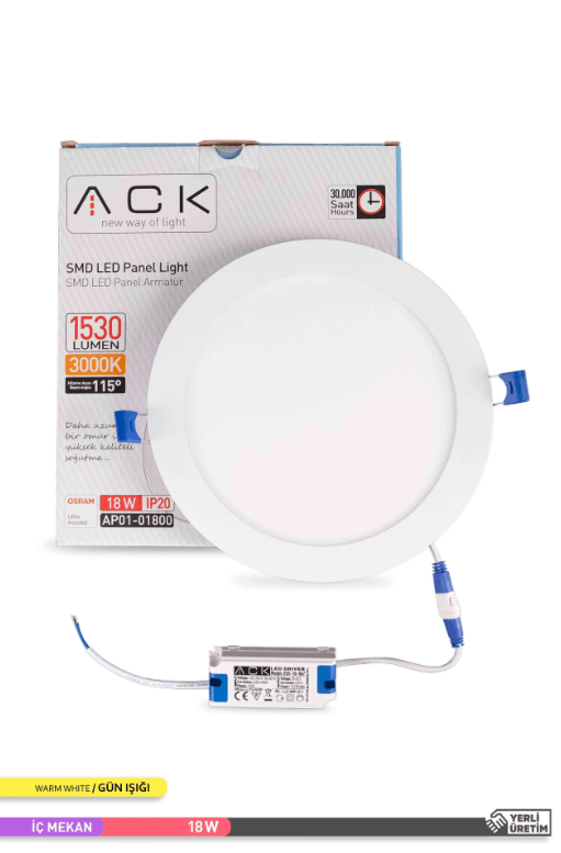 ACK Sıva Altı 18W Led Panel Günışığı Yuvarlak Panel Armatür 