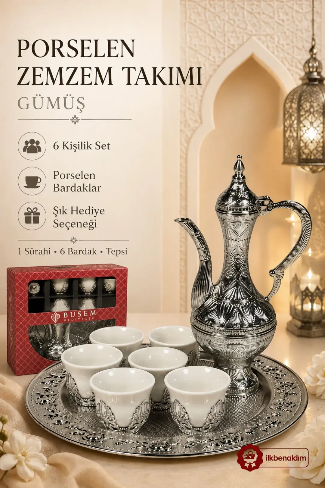 6 Kişilik Gümüş Porselen Zemzem Takımı