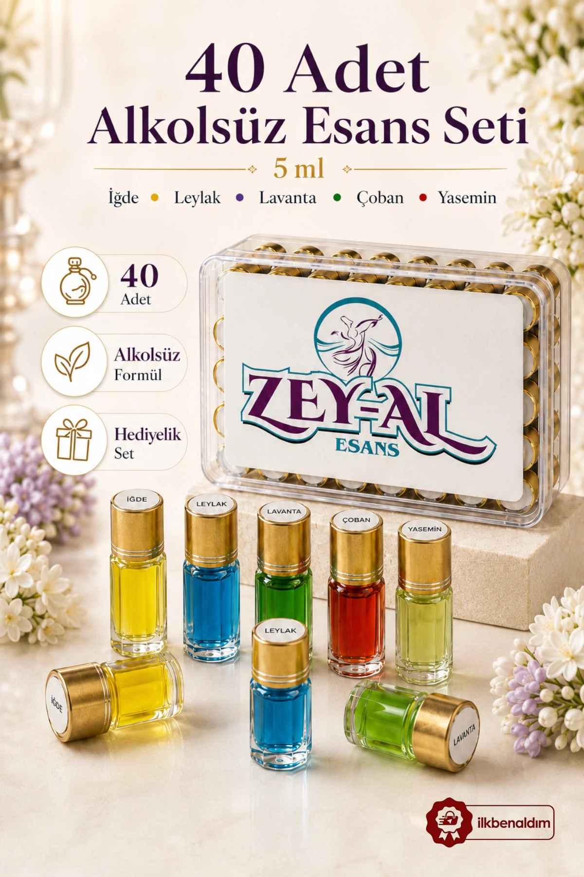 40 Adet Alkolsüz Cam Esans Seti 5 ml | İğde Leylak Lavanta Çoban