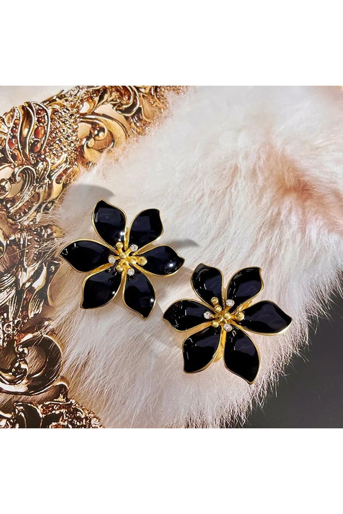 Vintage Elmas Taşlı Orkide Taç Çiçek 18K Altın Kaplama Küpe