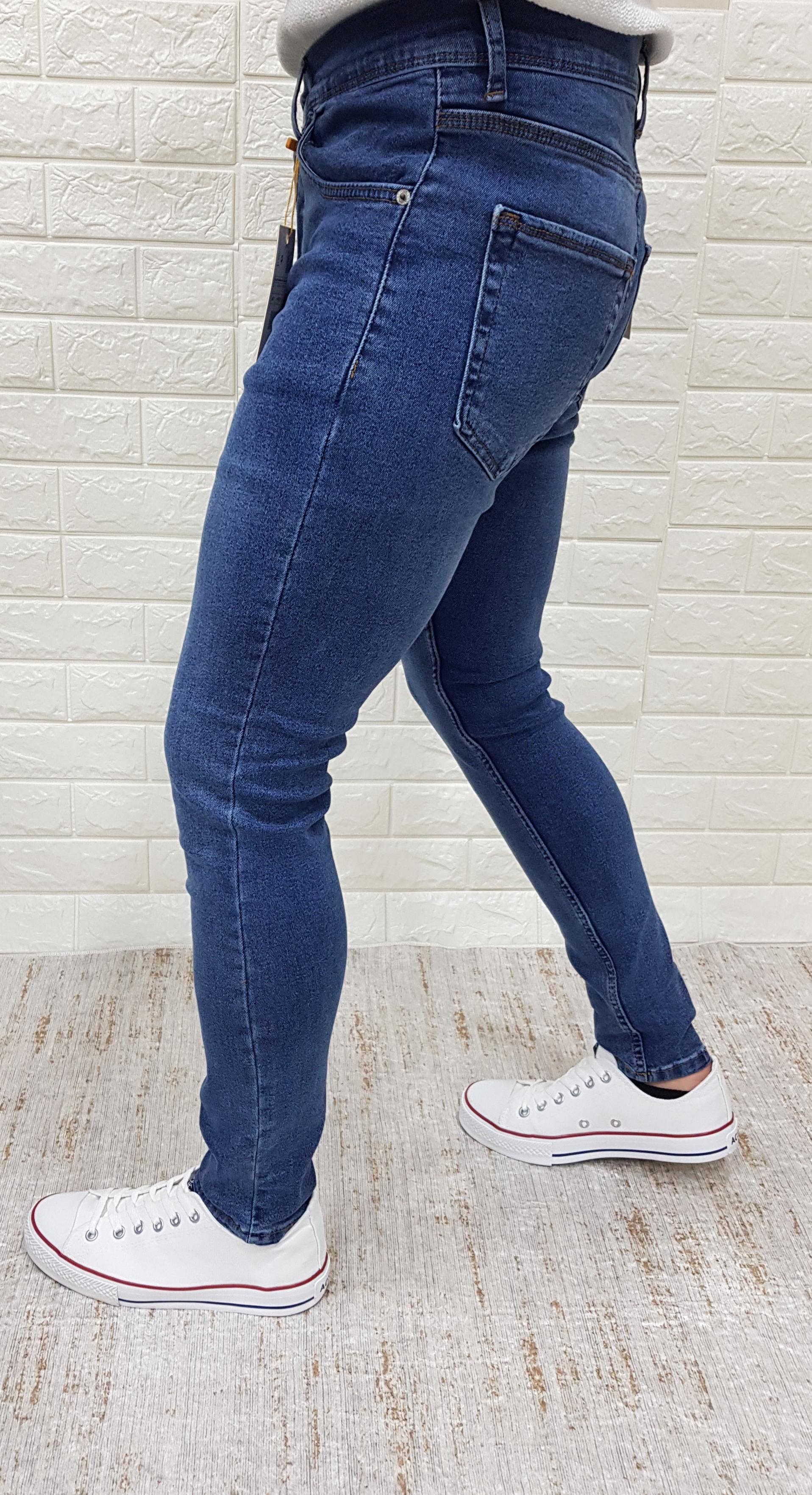 Erkek Super Skinny Esnek Likralı Mavi Denim Pantolon