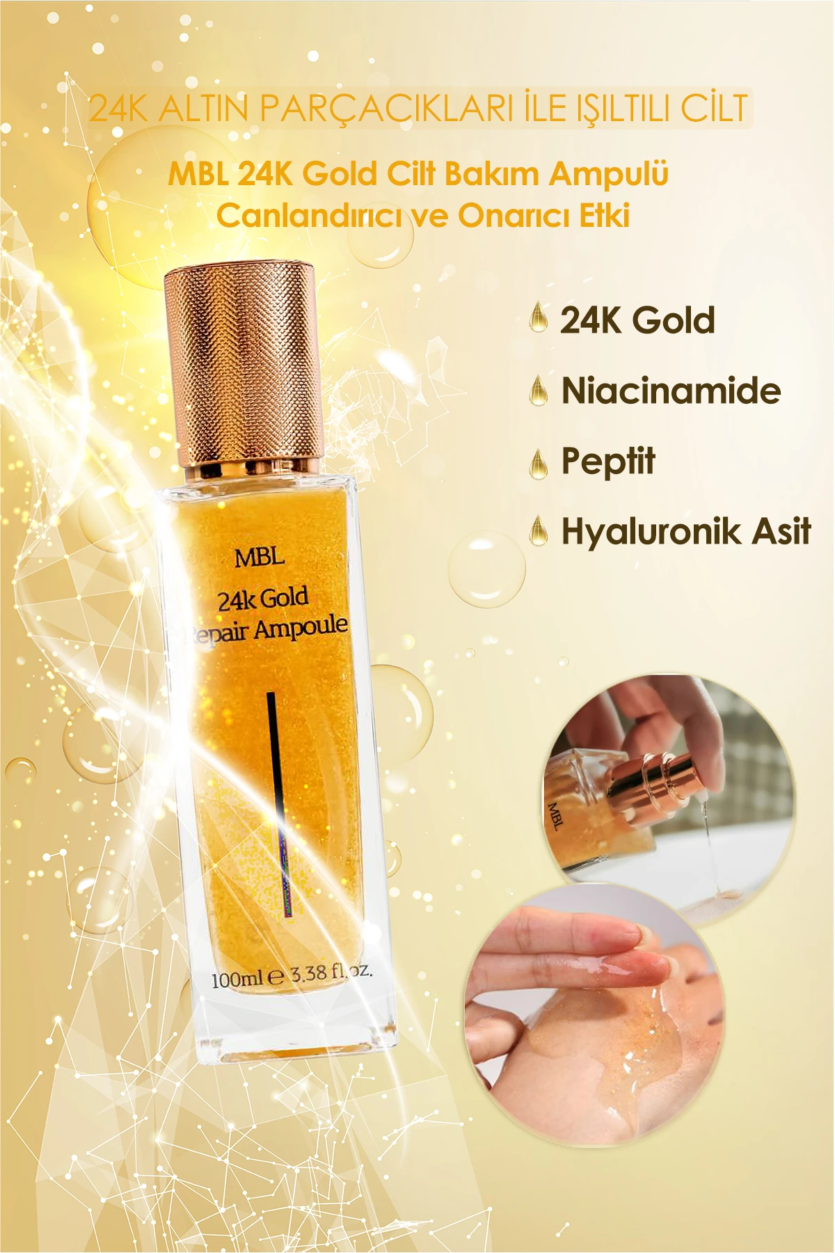 MBL 24K Gold Repair Ampoule - Altın ve Hyaluronik Asit içerikli 24K Altın Onarıcı Bakım Serumu 100 ml