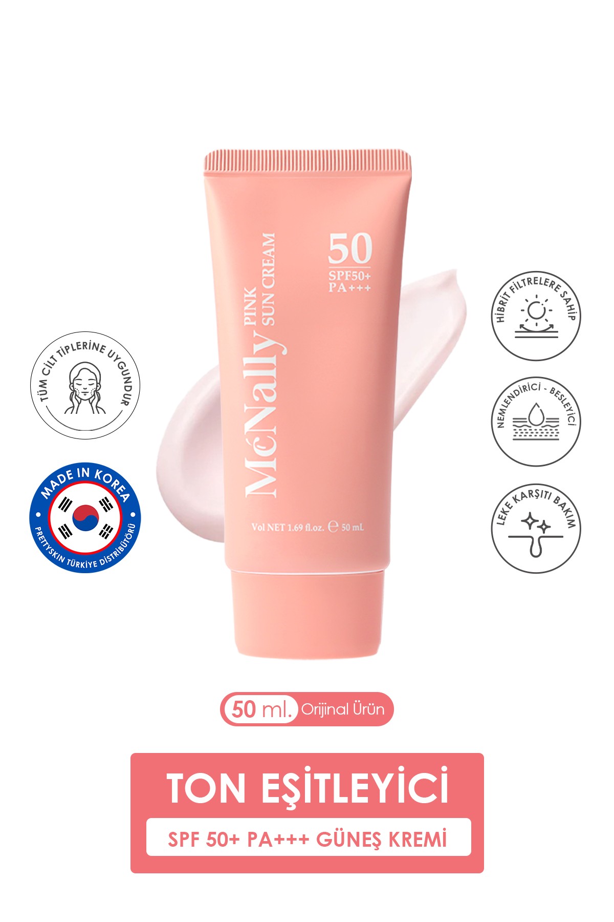 Ton Eşitleyici Hibrit Filtrelere Sahip Pembe Renkli Güneş Kremi SPF50+ PA+++ 50ml
