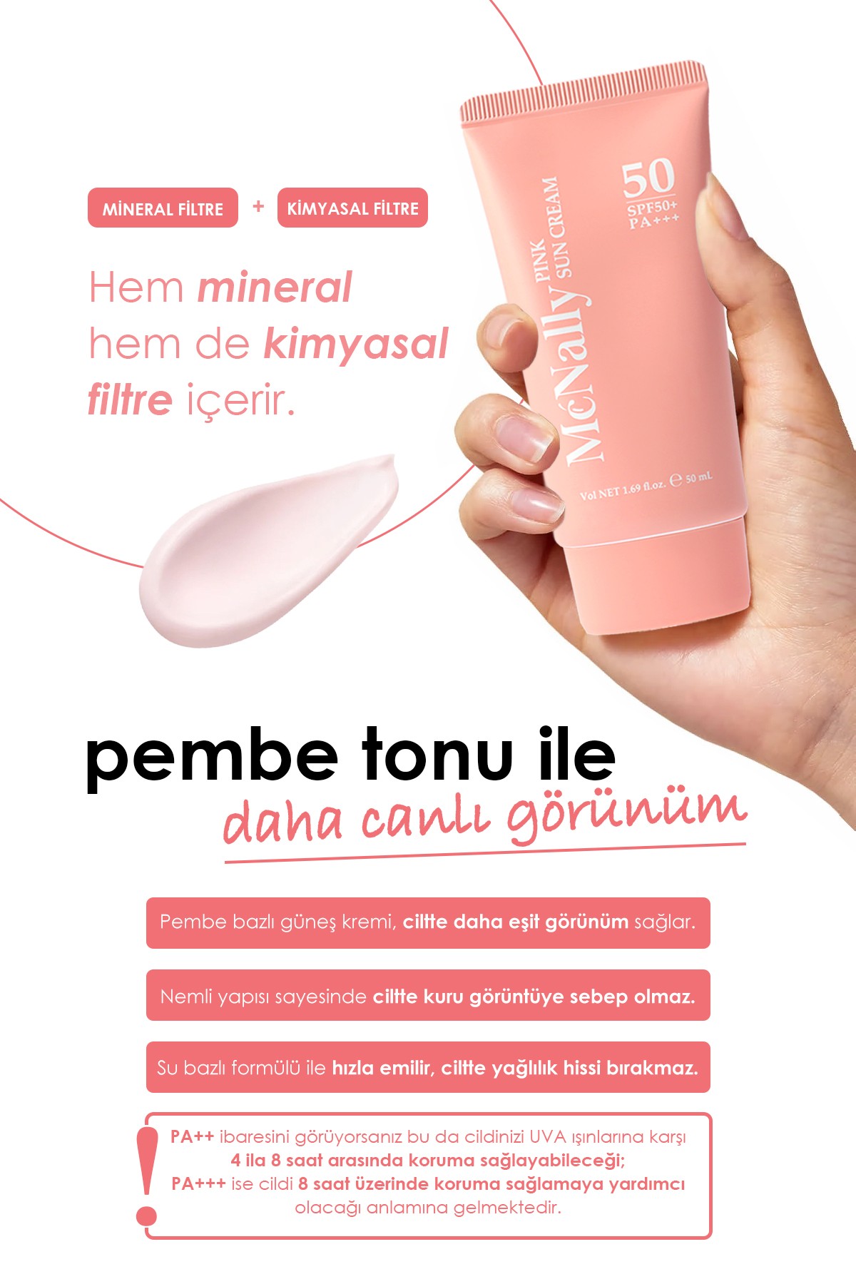 Ton Eşitleyici Hibrit Filtrelere Sahip Pembe Renkli Güneş Kremi SPF50+ PA+++ 50ml