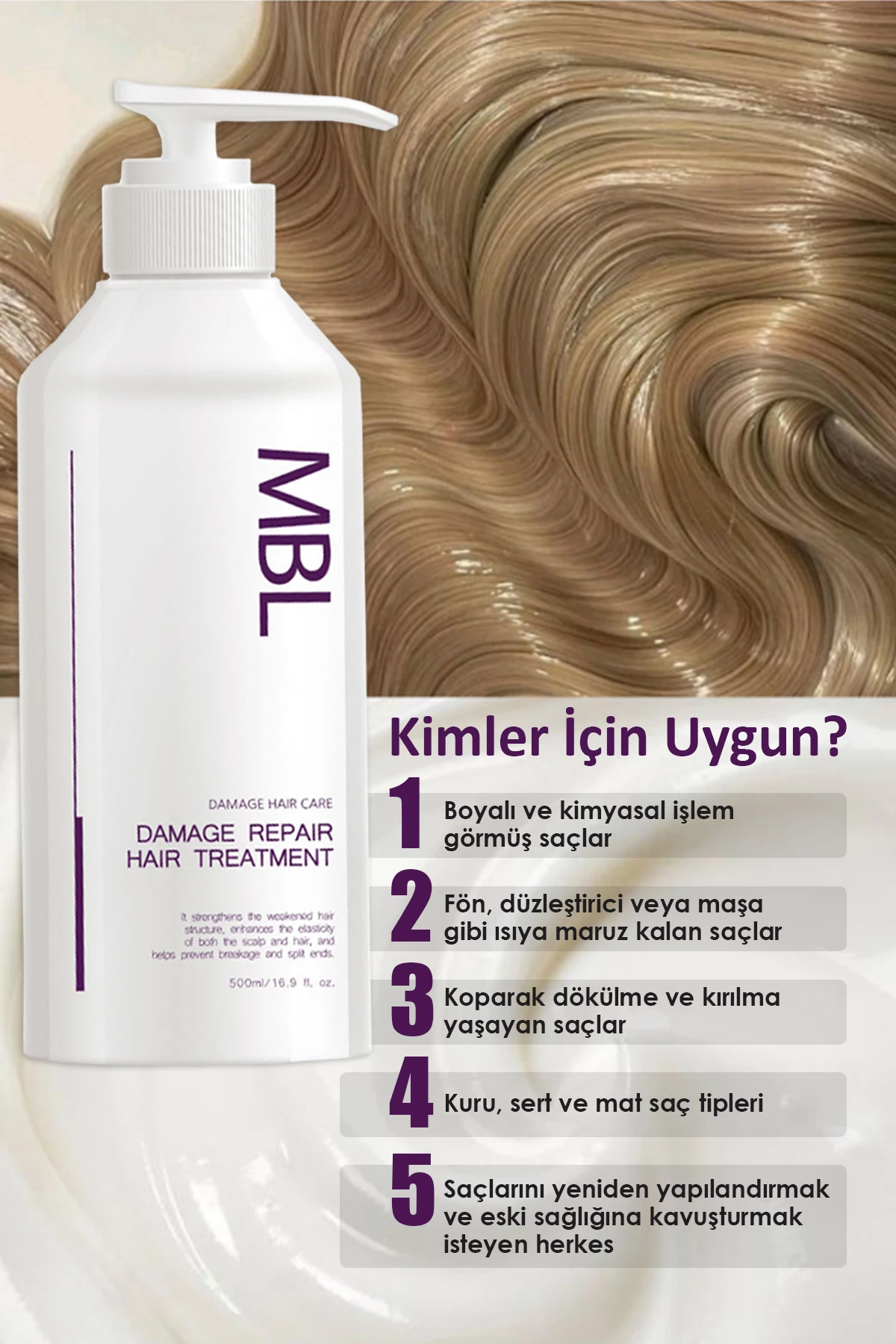 MBL Saç Onarıcı Maske – Kırılma Karşıtı, Nemlendirici, Güçlendirici Bakım 500 ml