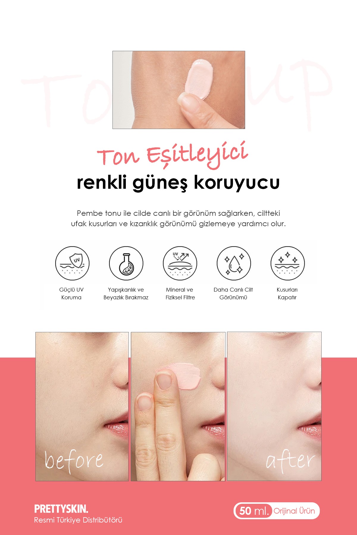 Ton Eşitleyici Hibrit Filtrelere Sahip Pembe Renkli Güneş Kremi SPF50+ PA+++ 50ml