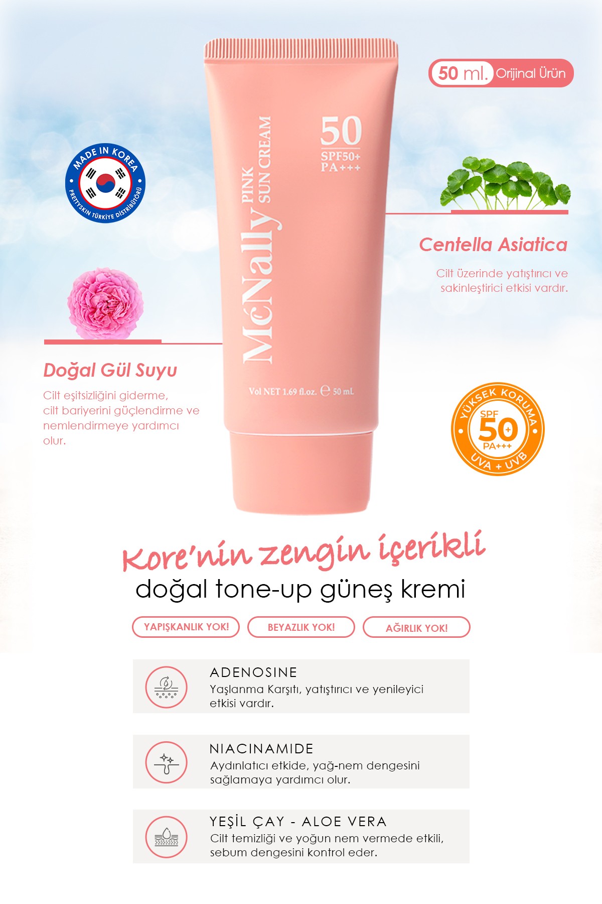 Ton Eşitleyici Hibrit Filtrelere Sahip Pembe Renkli Güneş Kremi SPF50+ PA+++ 50ml