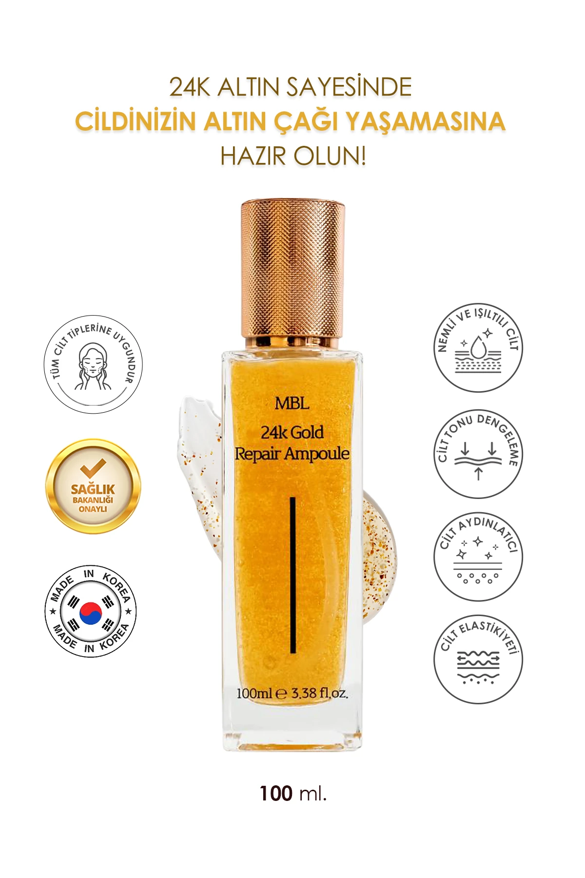 MBL 24K Gold Repair Ampoule - Altın ve Hyaluronik Asit içerikli 24K Altın Onarıcı Bakım Serumu 100 ml