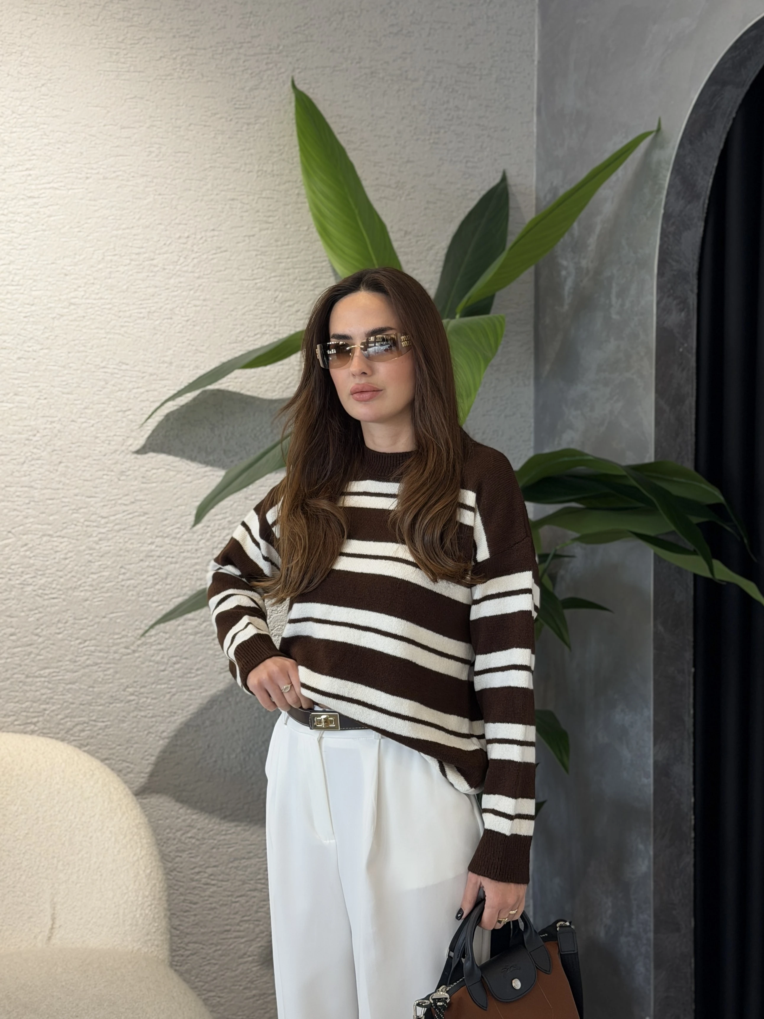 Bisiklet Yaka Çizgili Oversize Kazak - Acı Kahve