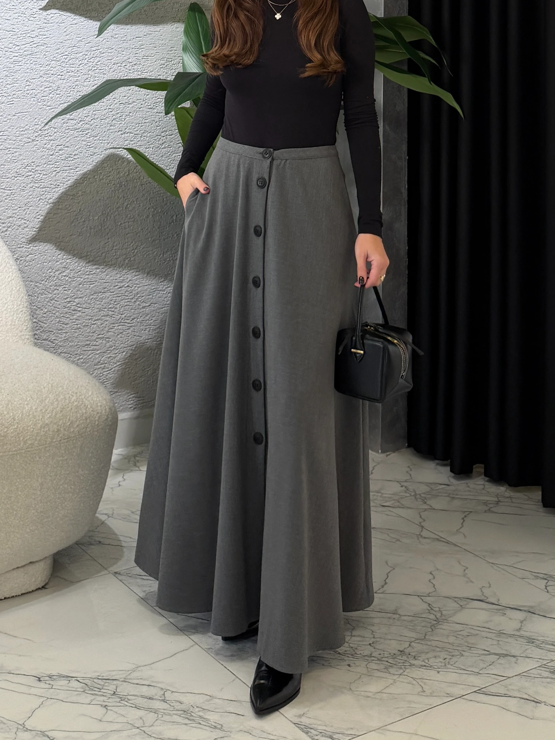 Önden Düğmeli Midi Boy Etek - Antrasit