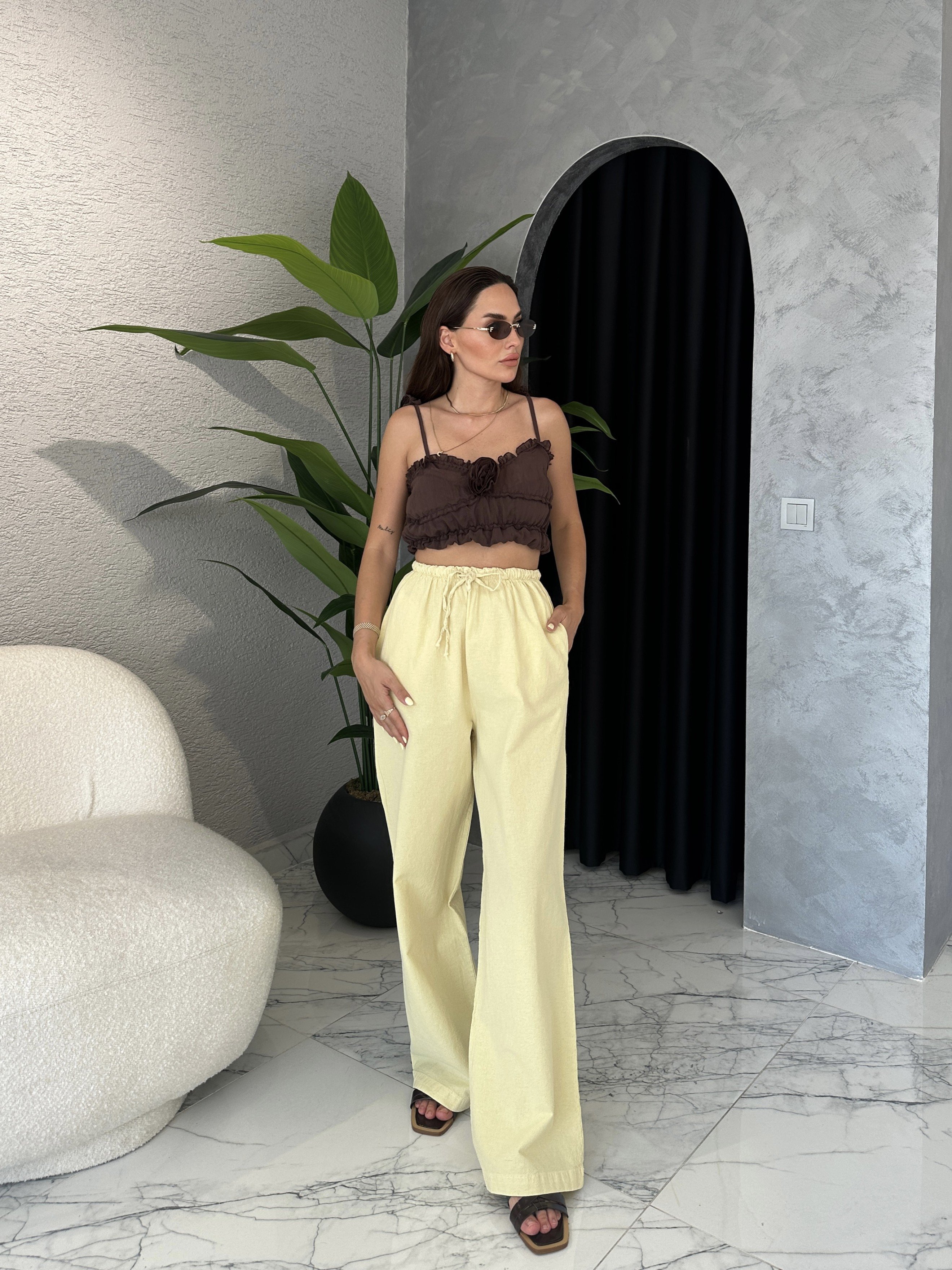 Beli Lastikli Bağlamalı Keten Pantolon - Sarı