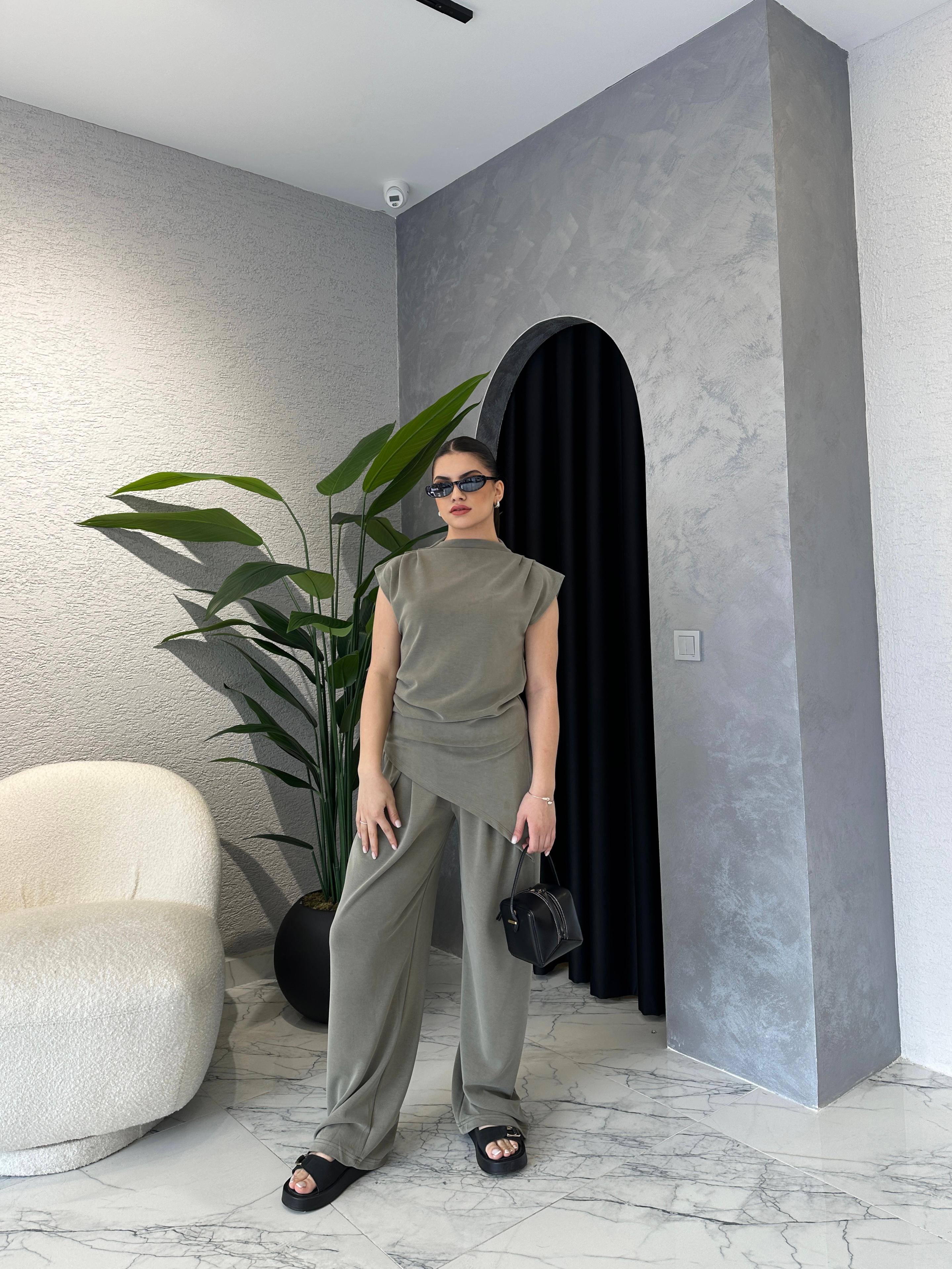 Dokulu Modal Kumaş Tasarım Bluz Pantolon Takım - Haki