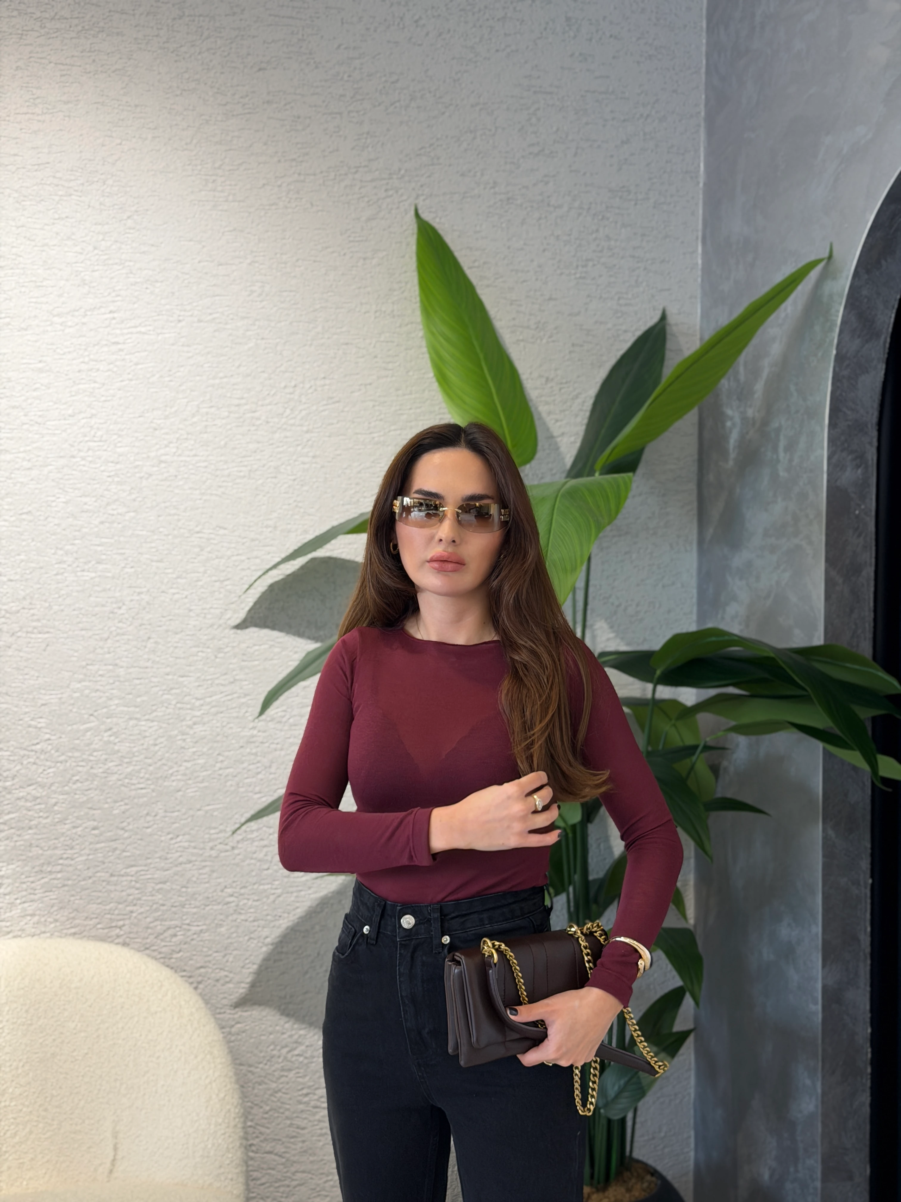 Kayık Yaka Transparan Body - Bordo