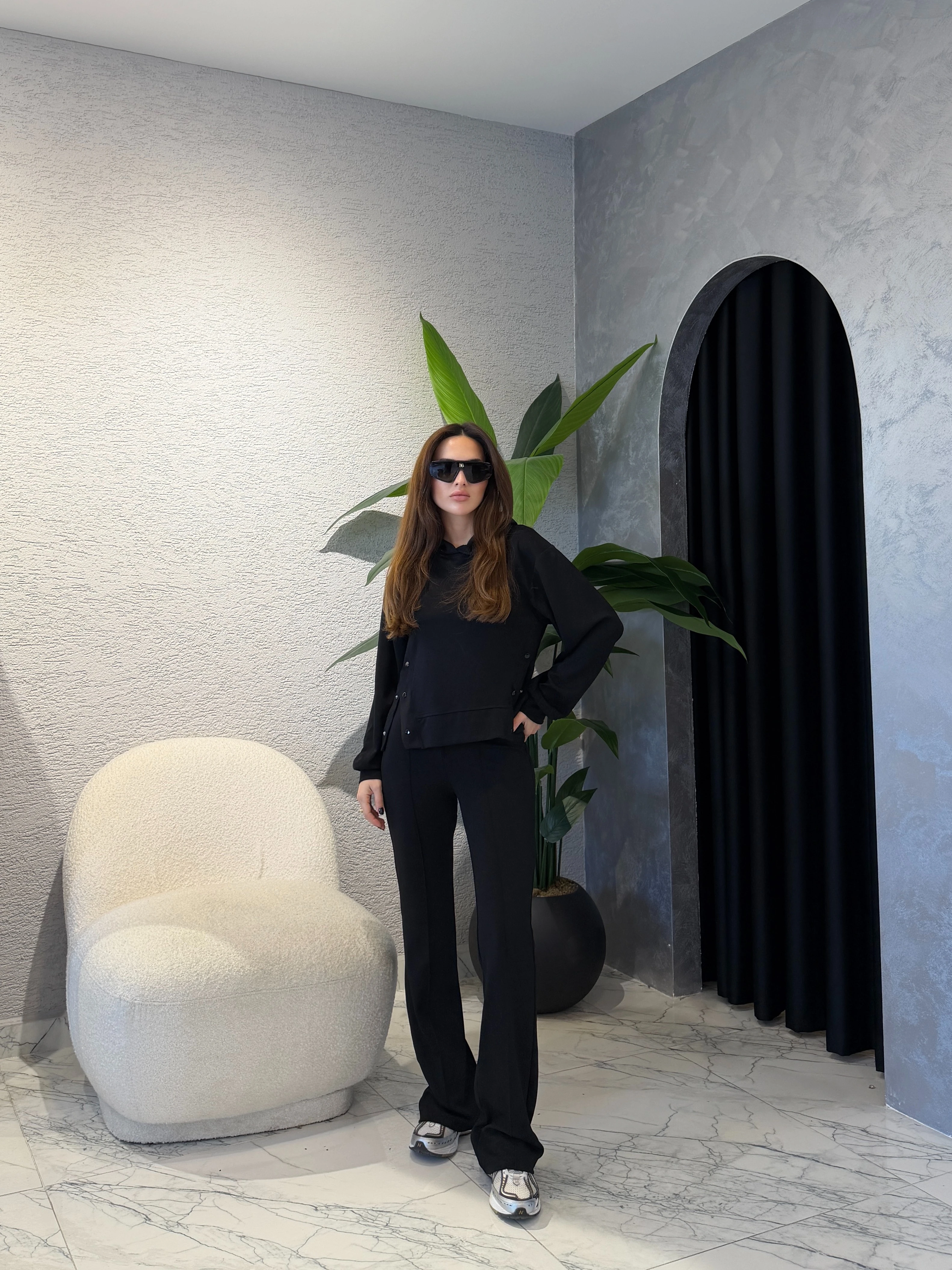 Kapüşonlu Çıtçıt Detay Modal Takım - Siyah