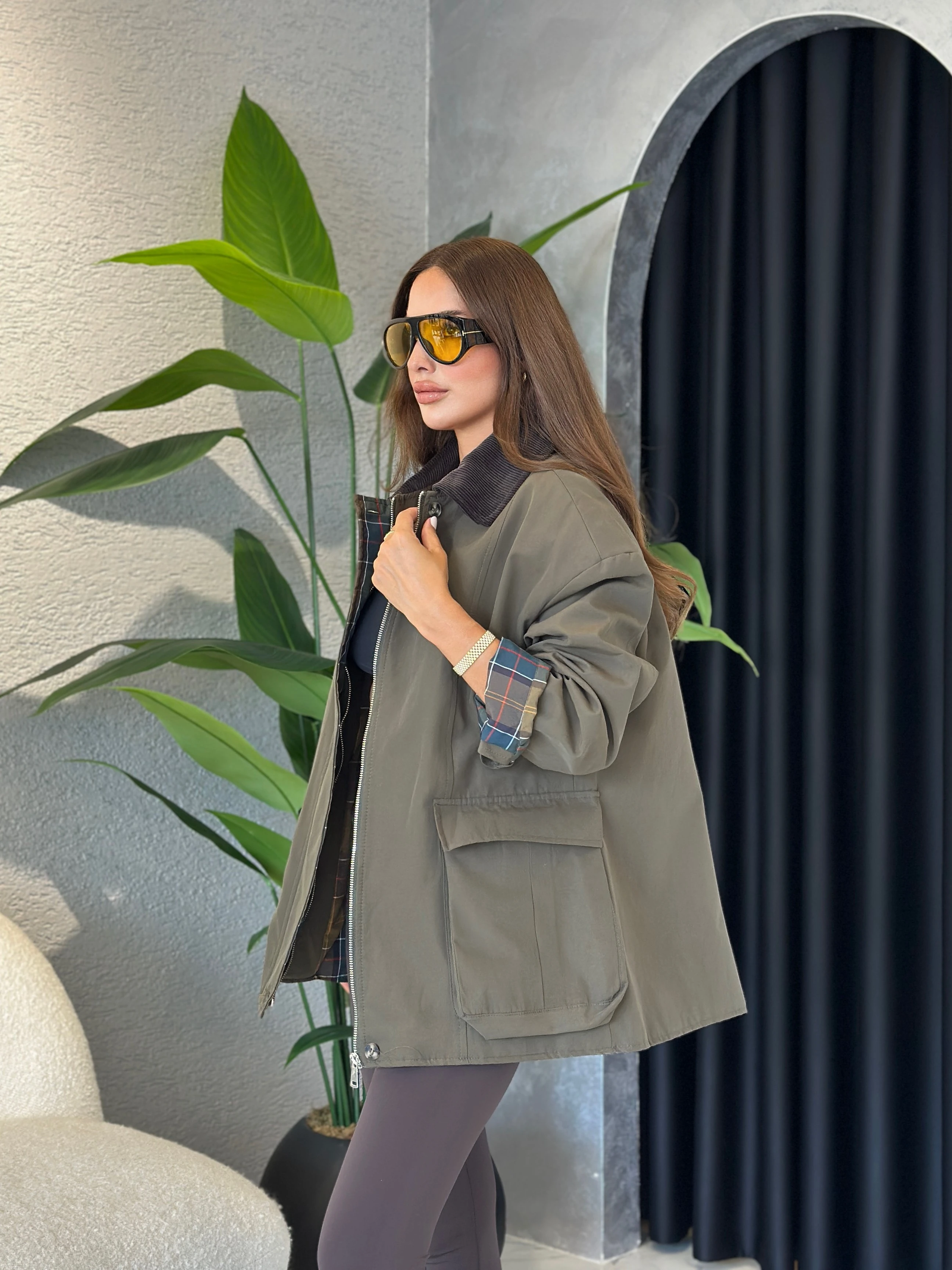 Ekose Astarlı Kadife Yaka Premium Ceket  - Haki