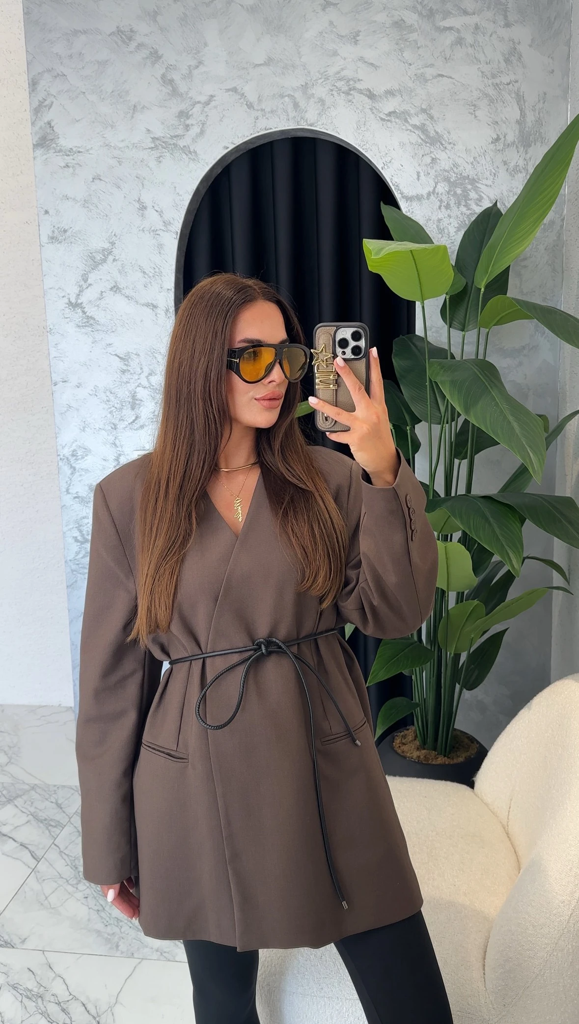 Kemer Bağlamalı Kruvaze Ceket - Kahve