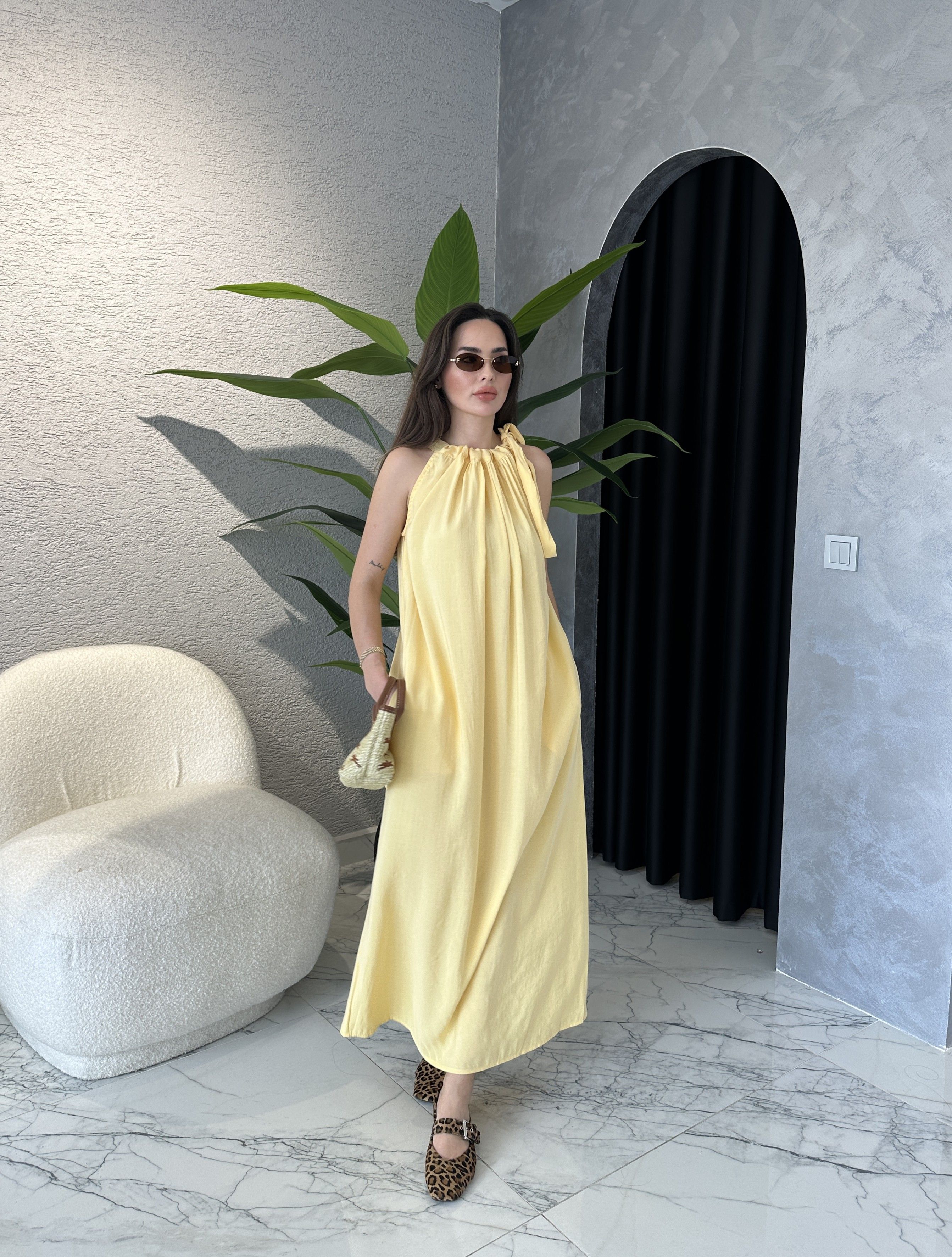 Tencel Modal Boyundan Bağlamalı Elbise - Sarı