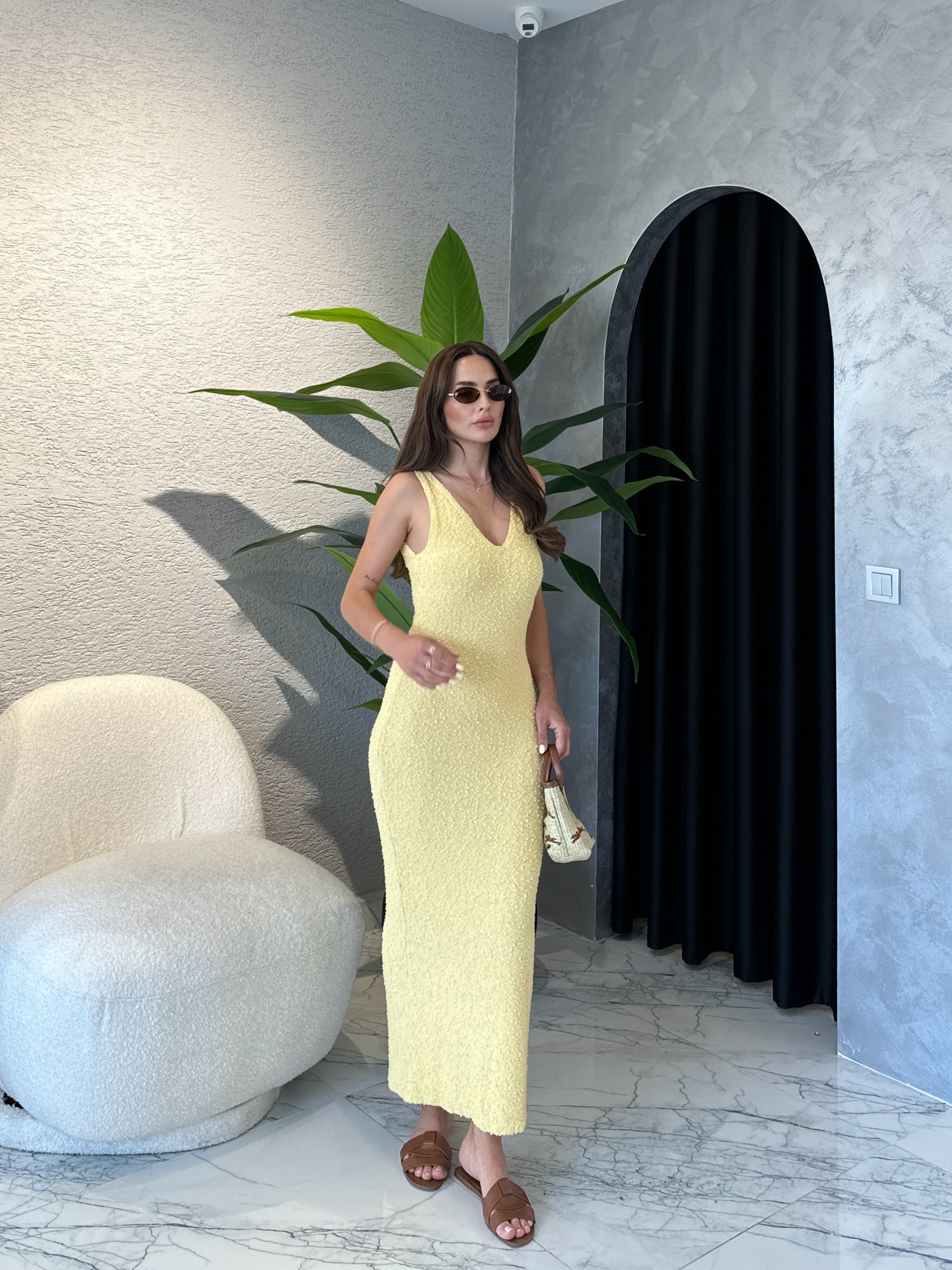 V Yaka Örme Elbise - Butter Yellow