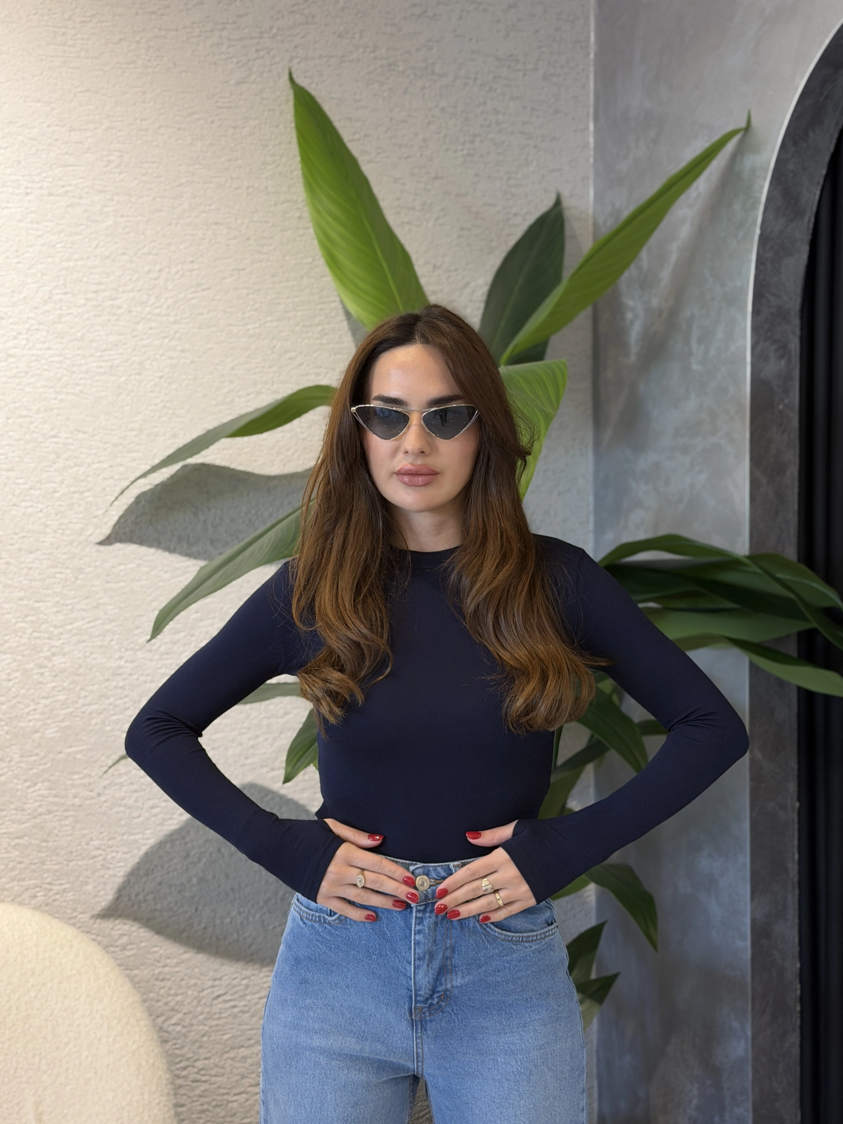 Parmak Geçirmeli Likralı Body  - Lacivert