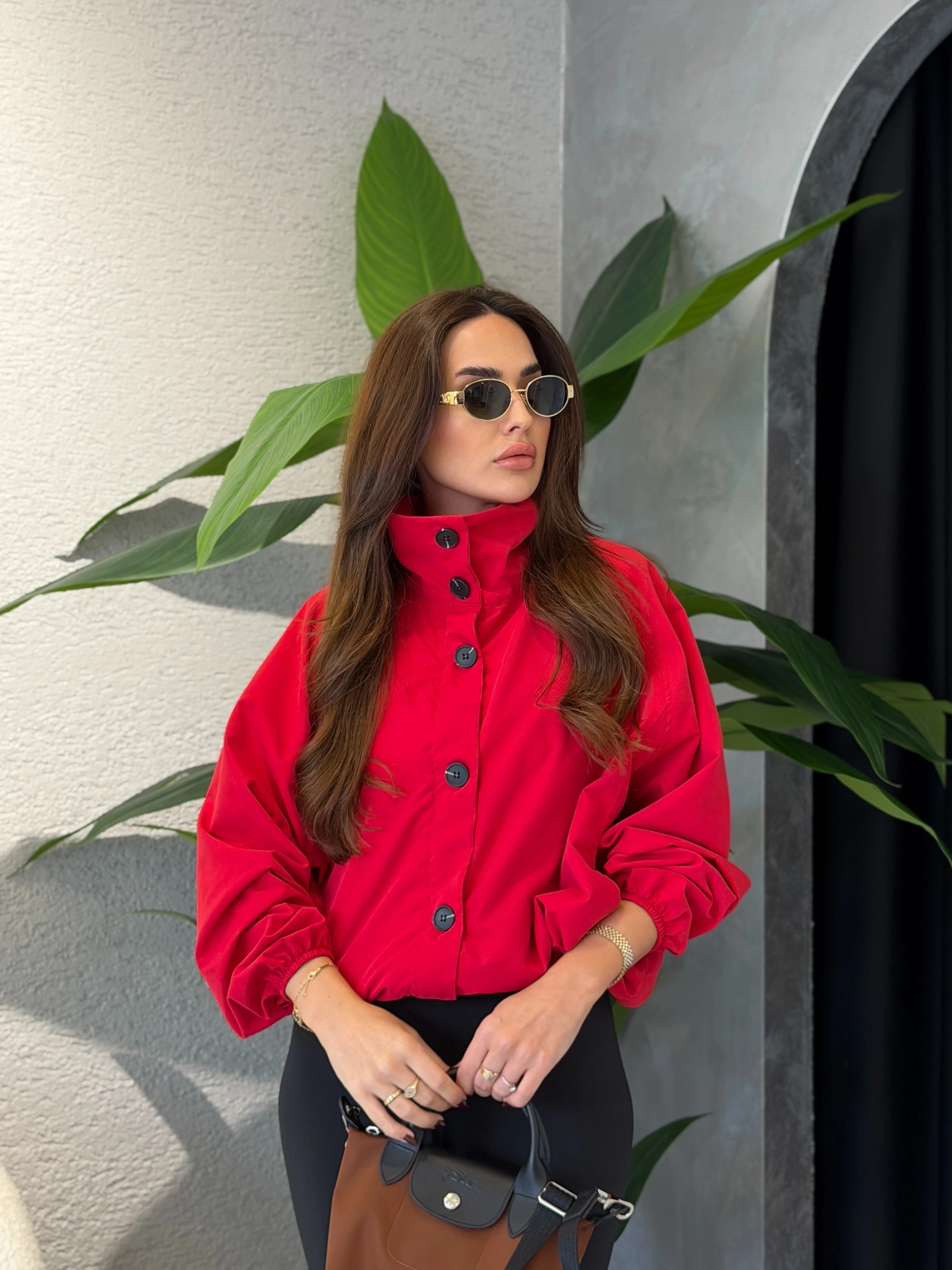 Beli Ayarlanabilir Lastikli Dik Yaka Rüzgarlık  - Kırmızı