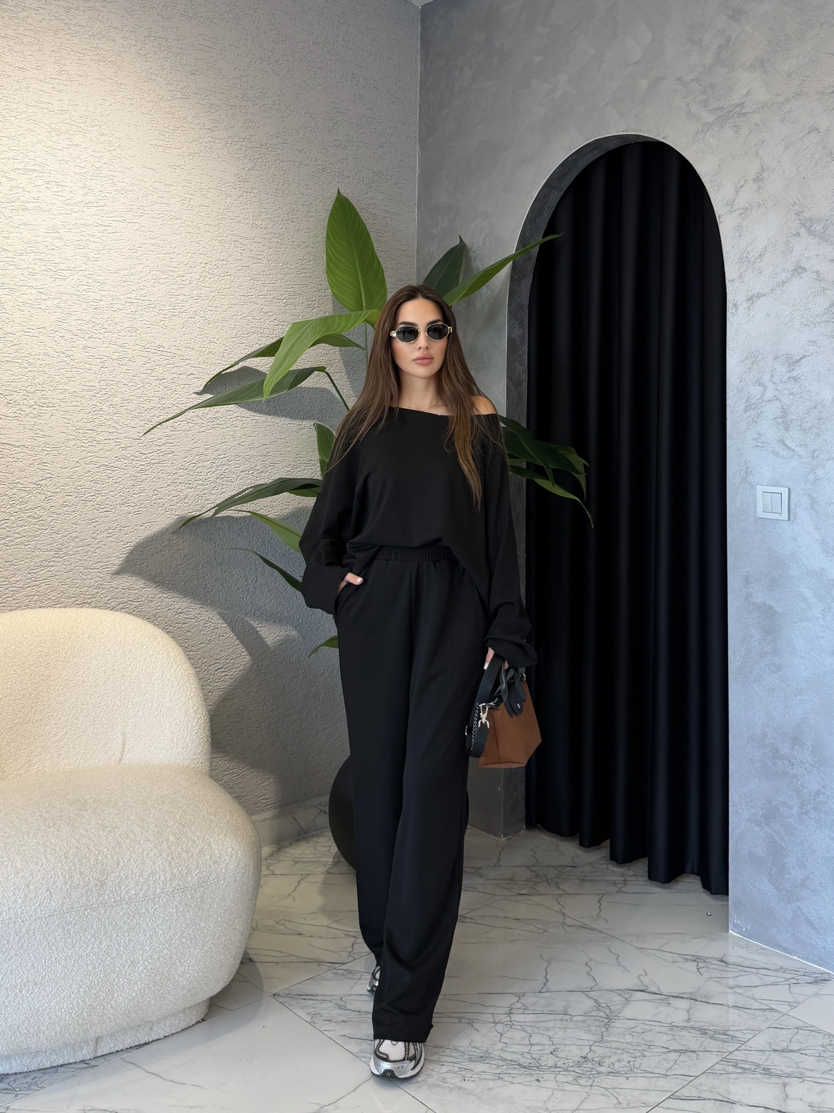 Kesik Yaka Oversize Modal Takım - Siyah