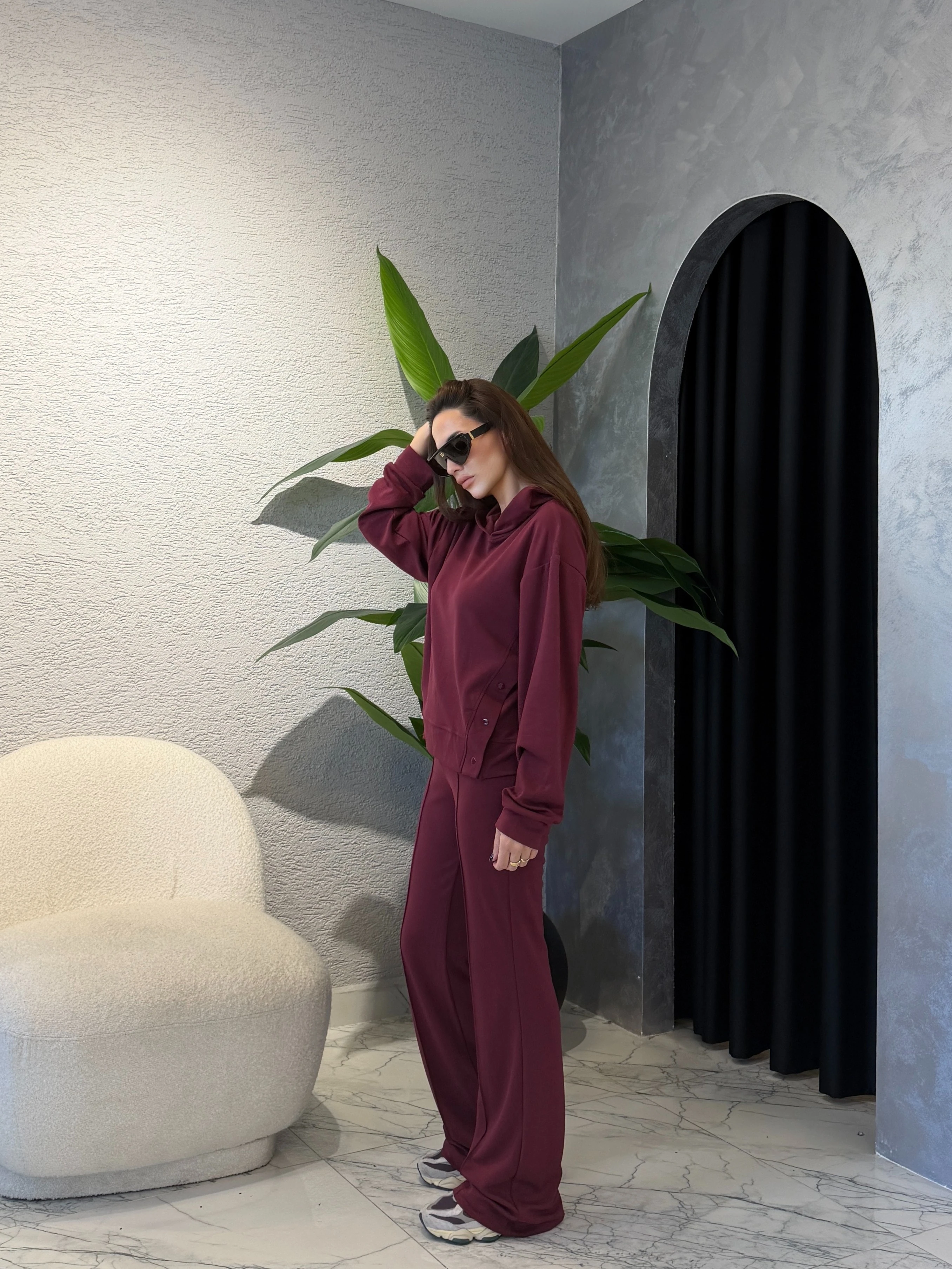 Kapüşonlu Çıtçıt Detay Modal Takım - Bordo