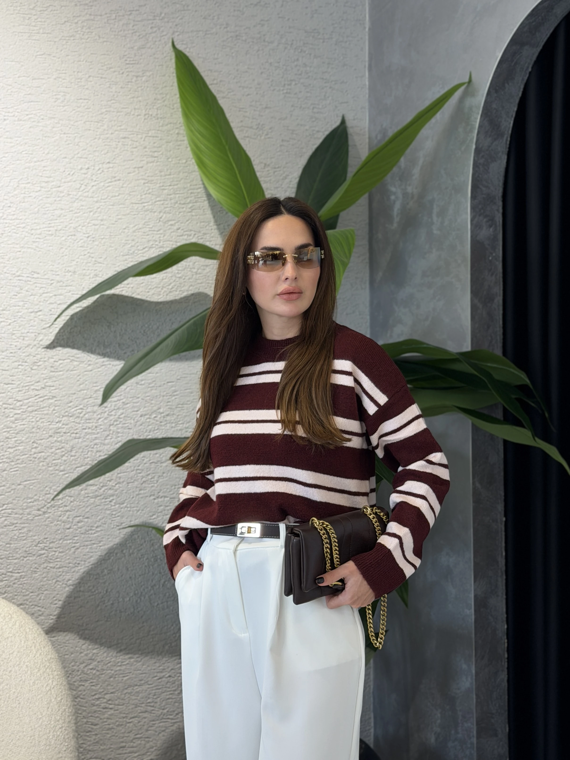 Bisiklet Yaka Çizgili Oversize Kazak - Bordo