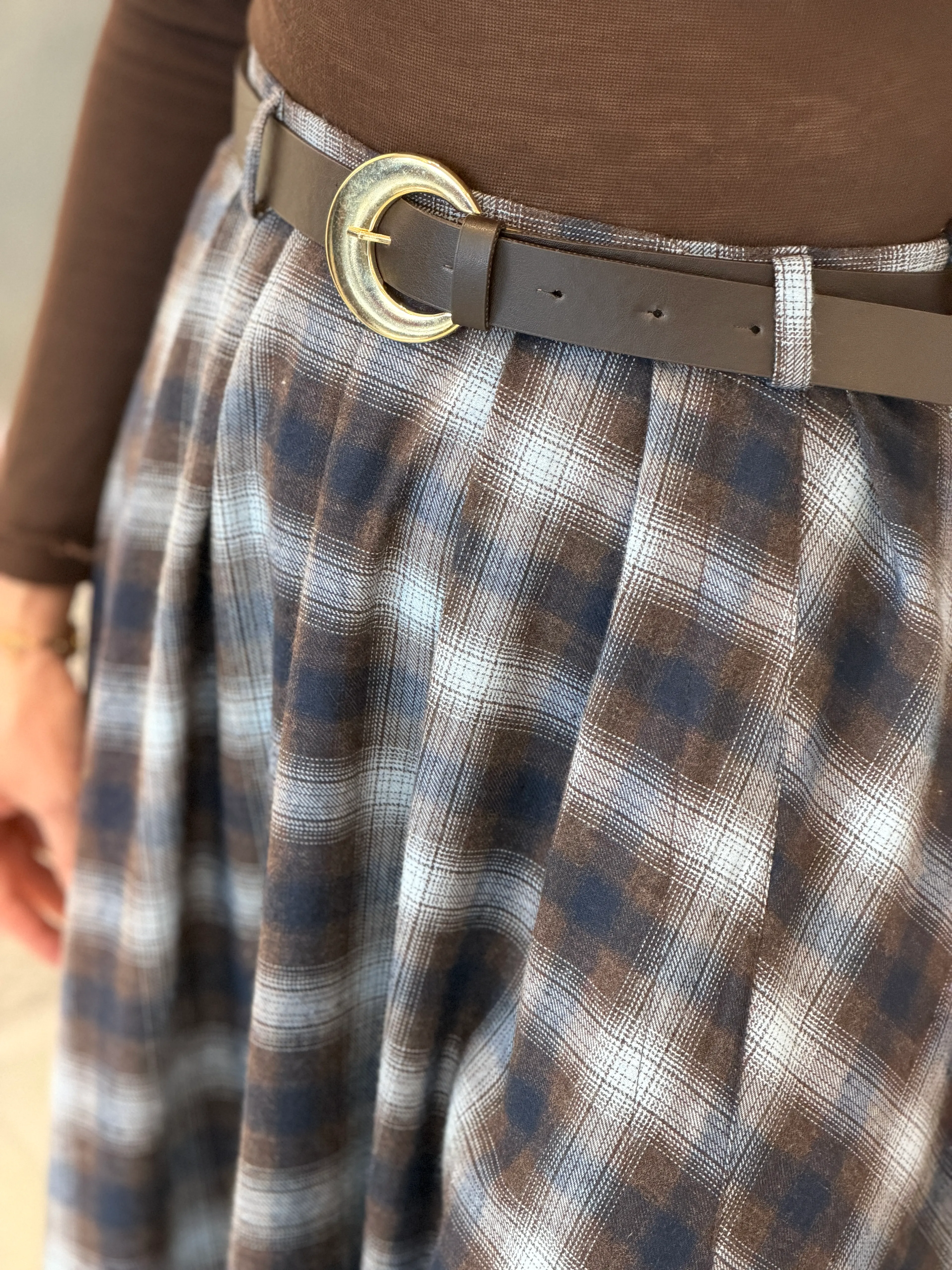 Ekose Desenli Yırtmaç Detay Kemerli  Etek