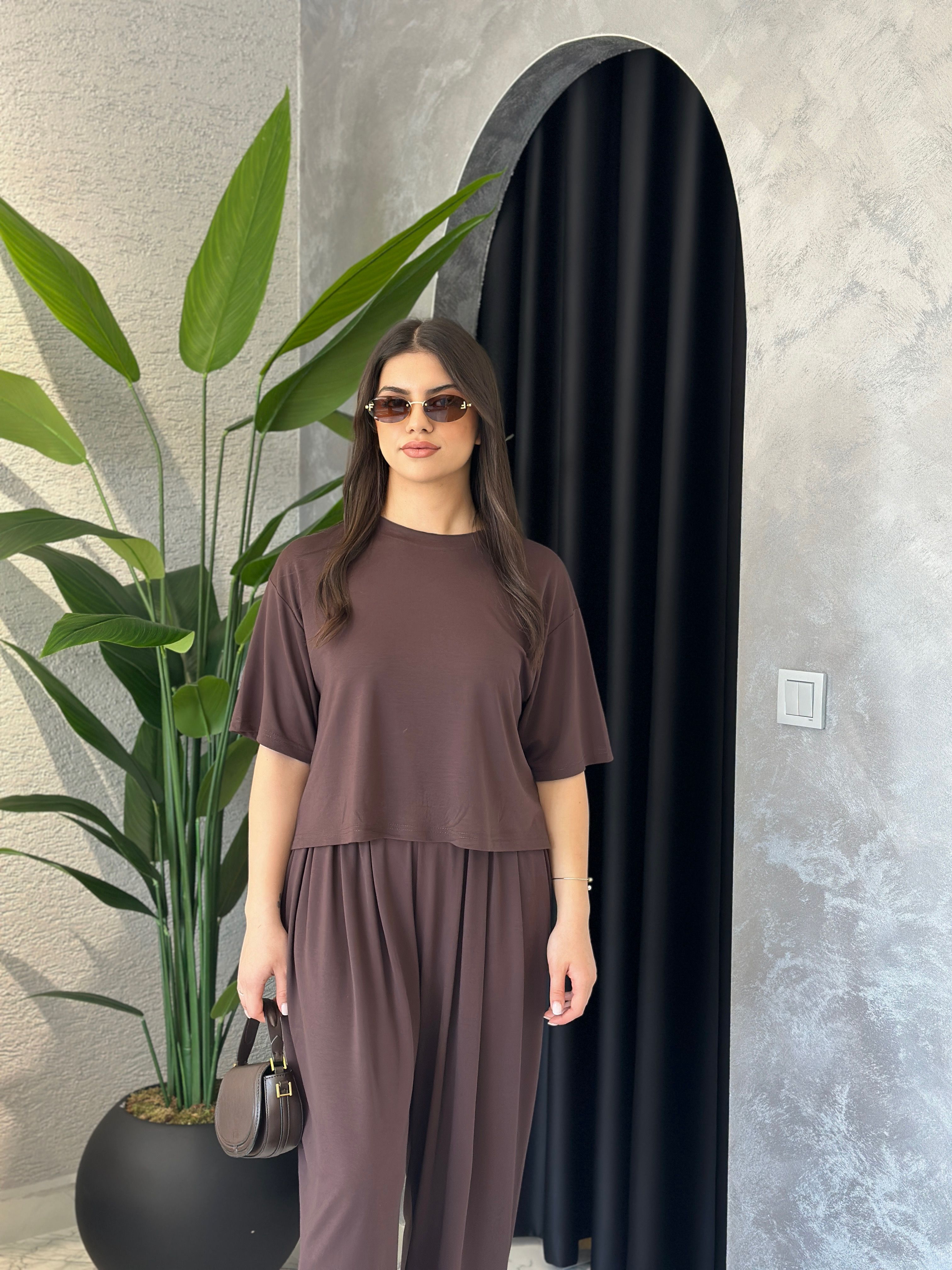 Modal Kumaş Pileli Pantolon Tişört Takım