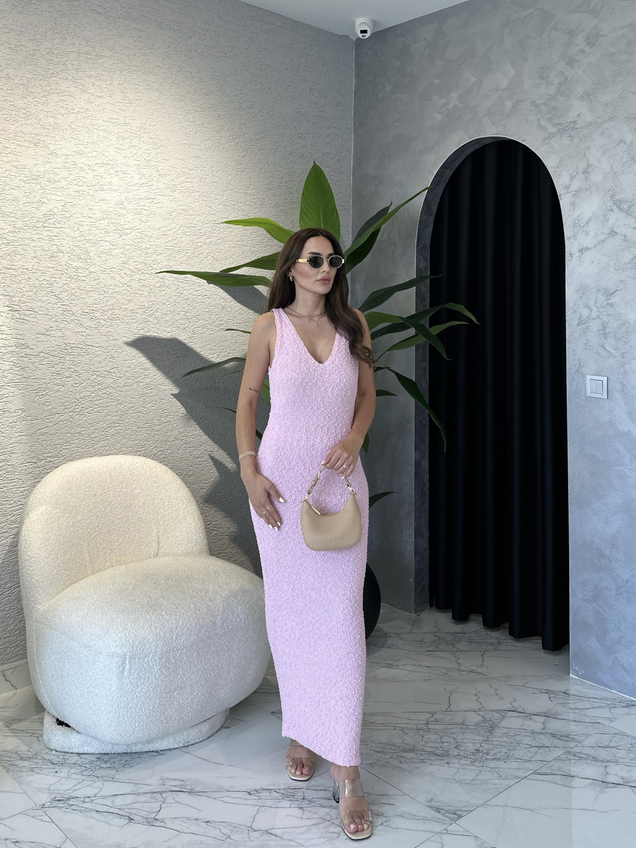 V Yaka Örme Elbise - Pembe