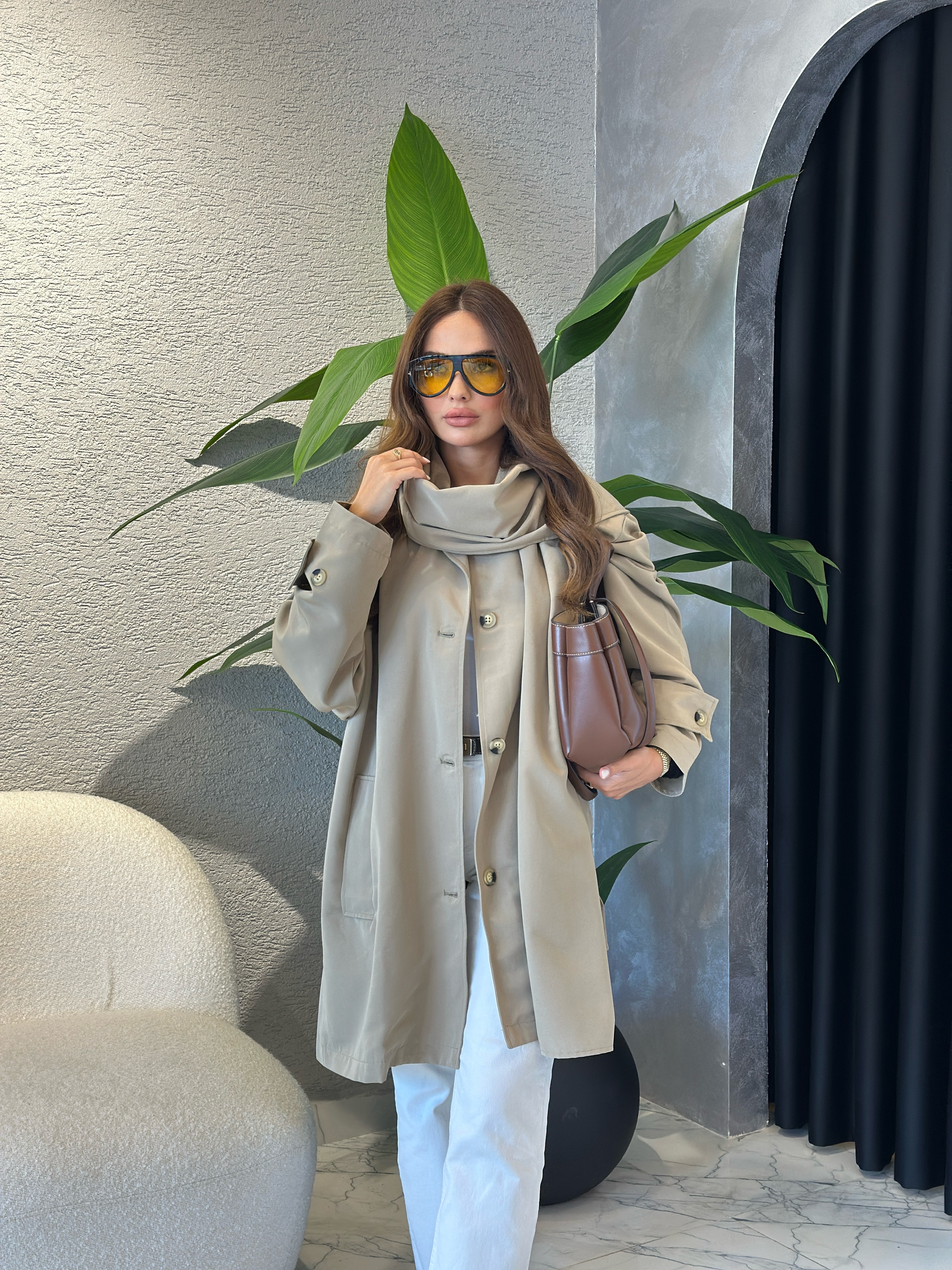 Taş Renk Çıkarılabilir Şallı Oversize Trençkot 