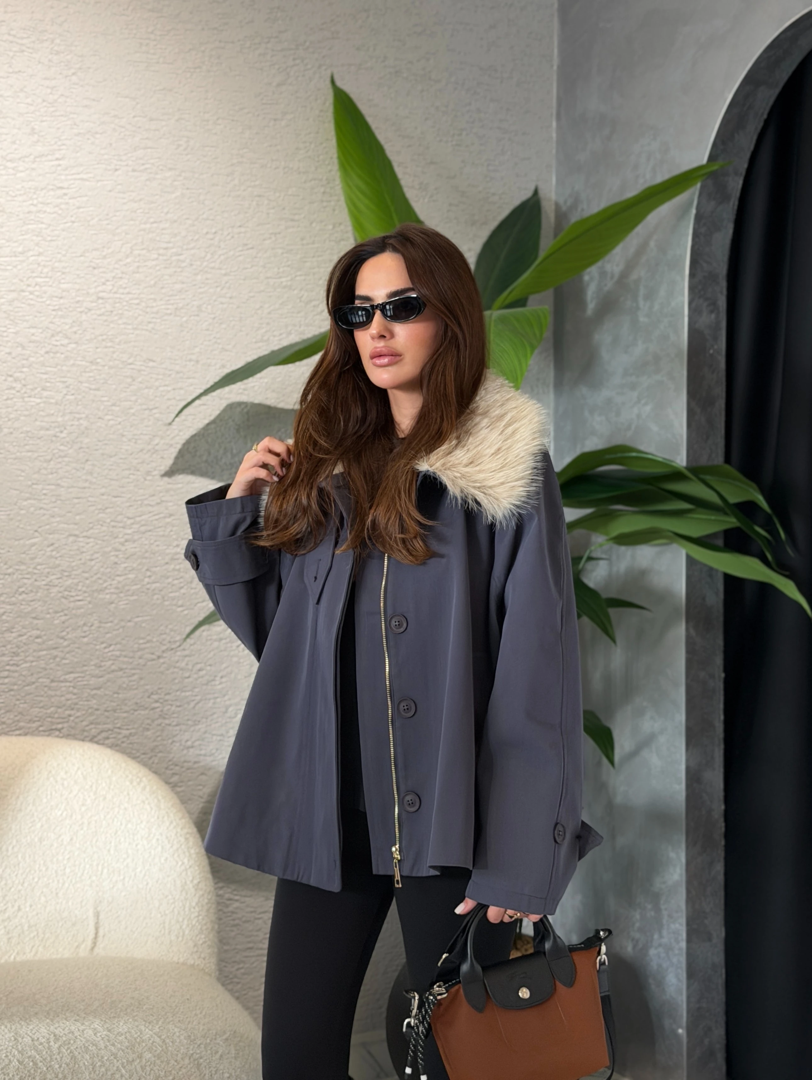 İndigo Çıkarılabilir Kürk Yakalı Premium Trençkot