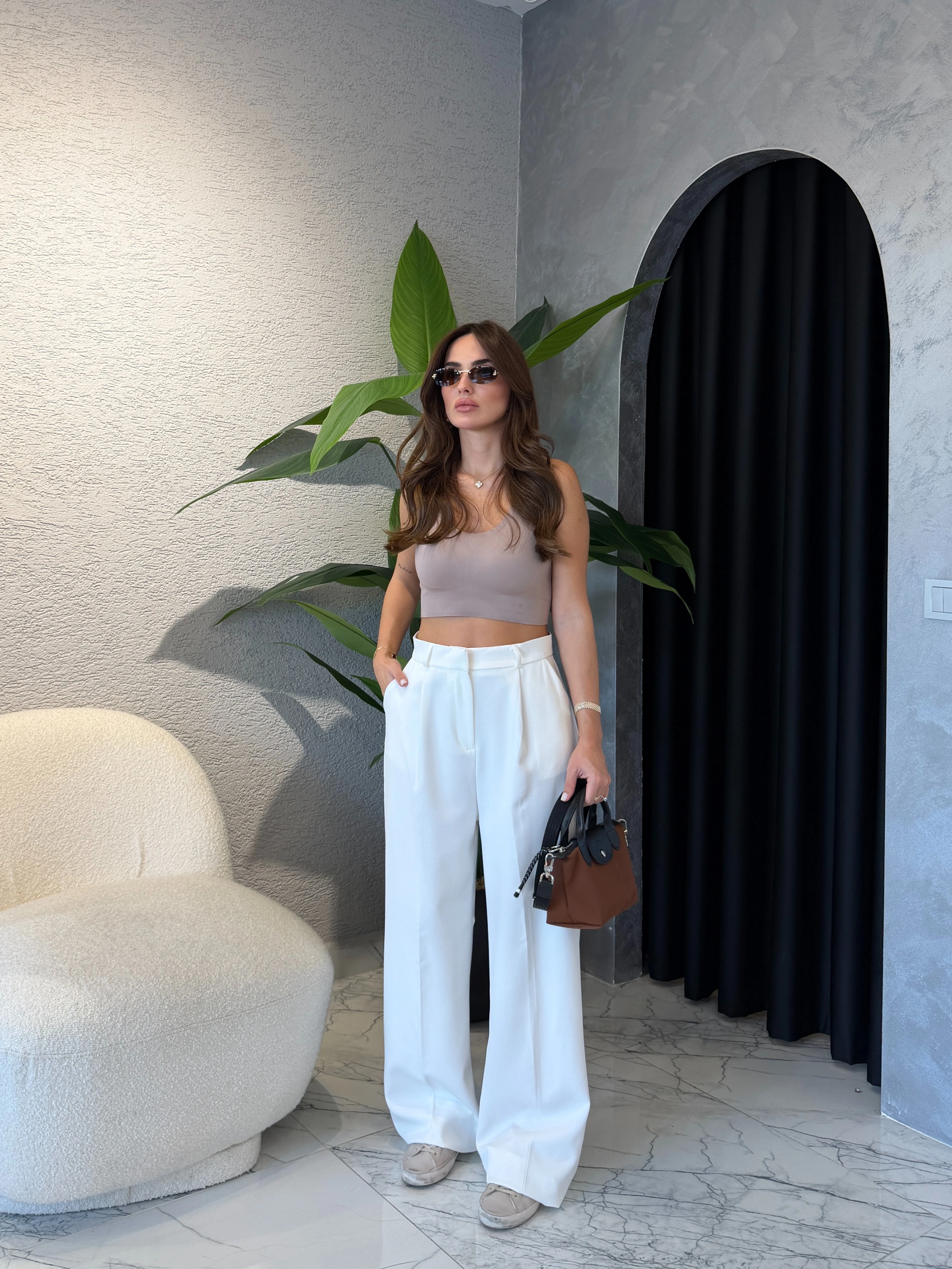 Duble Kumaş Palazzo Pantolon  - Beyaz