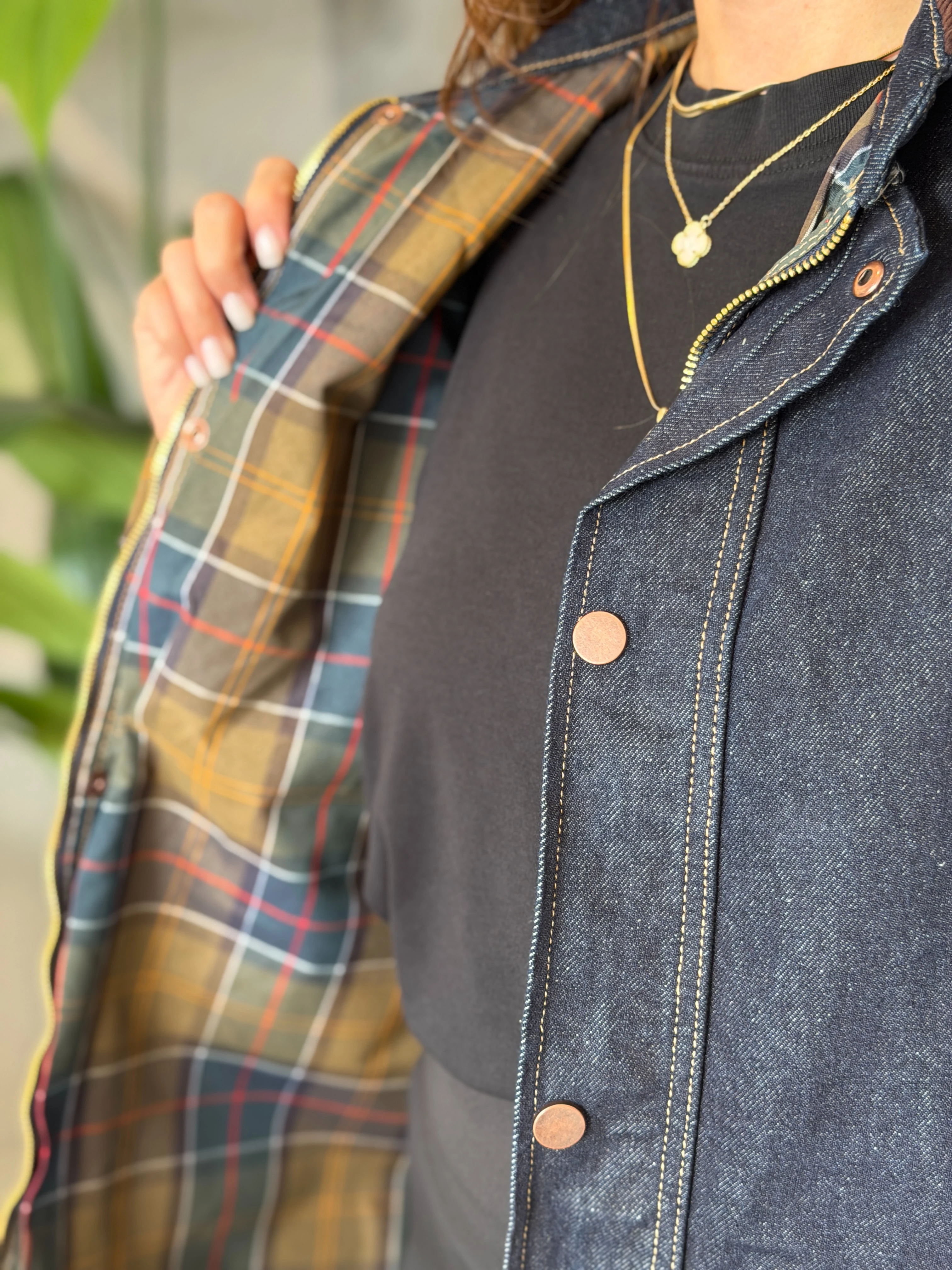 Ekose Astarlı Kadife Yaka Denim Premium Ceket