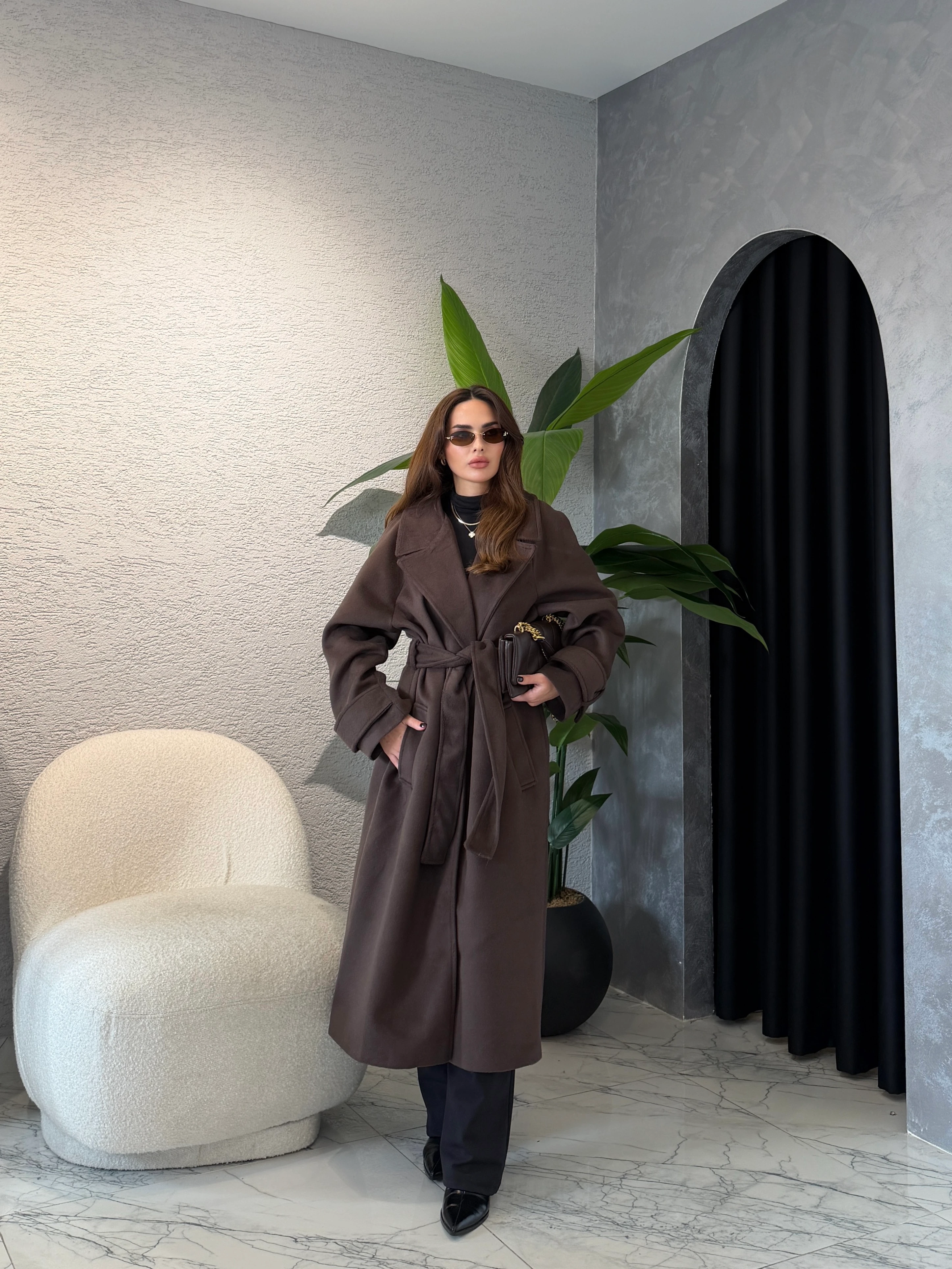 Kruvaze Yaka Kemerli Kaşe Uzun Kaban  - Acı Kahve