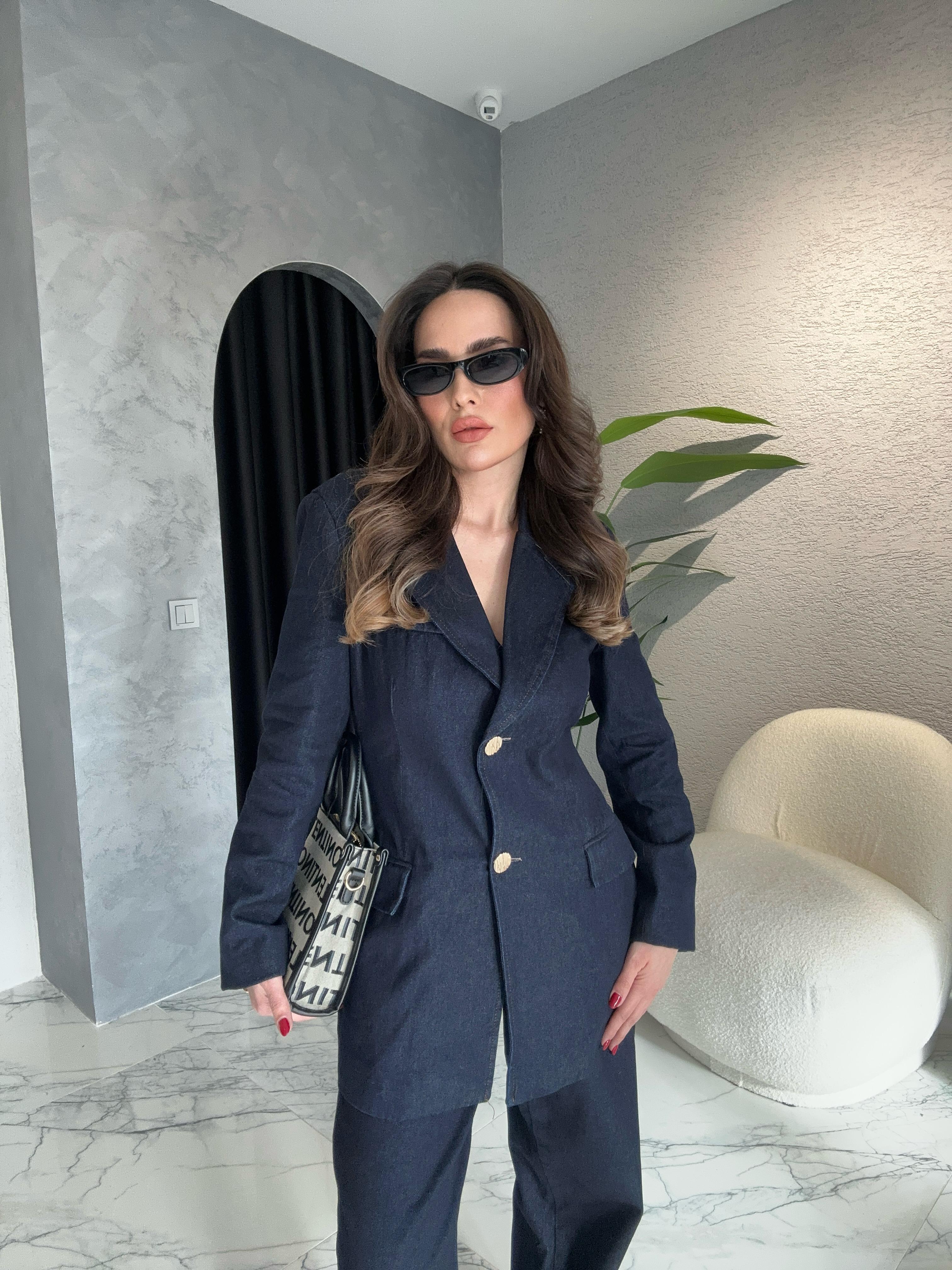 İndigo Belden Oturtmalı Blazer Jean Denim Takım