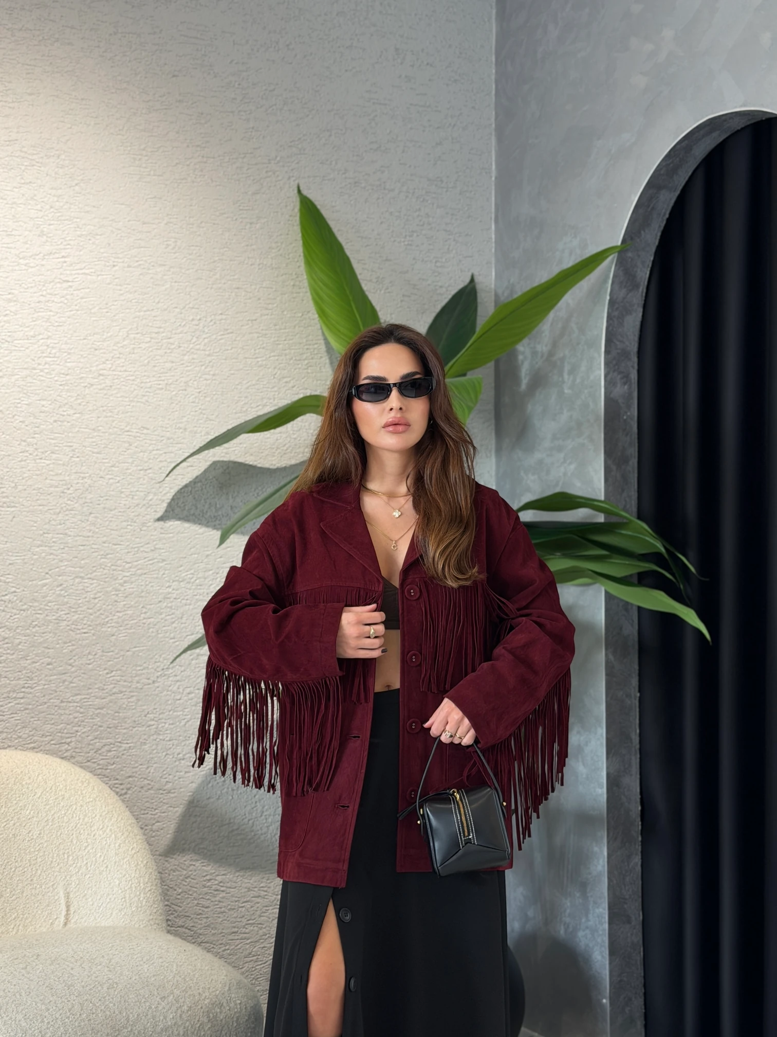 Püskül Detaylı Premium Süet Ceket - Bordo