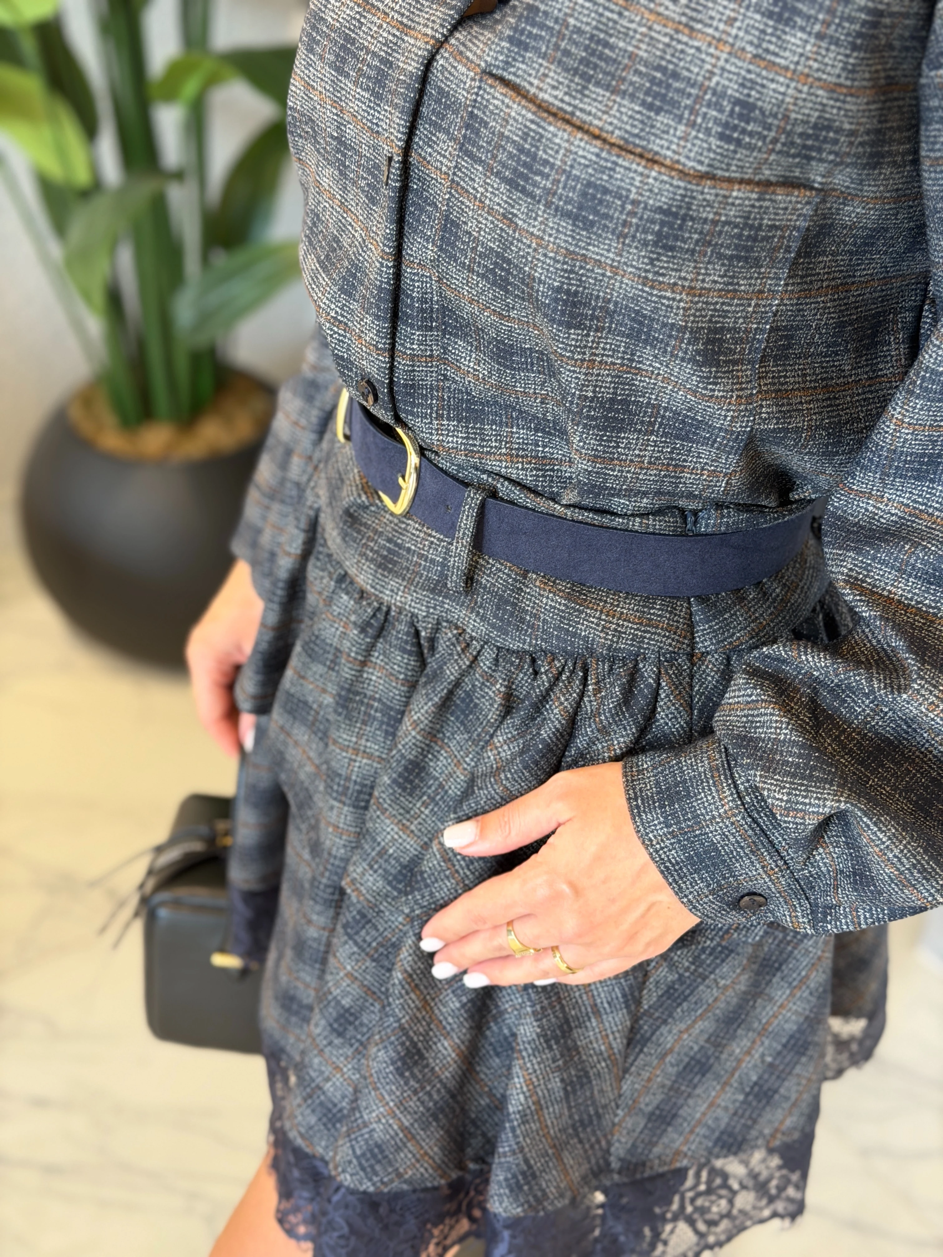 Lacivert Ekose Desenli Kemerli Etek Gömlek Takım 