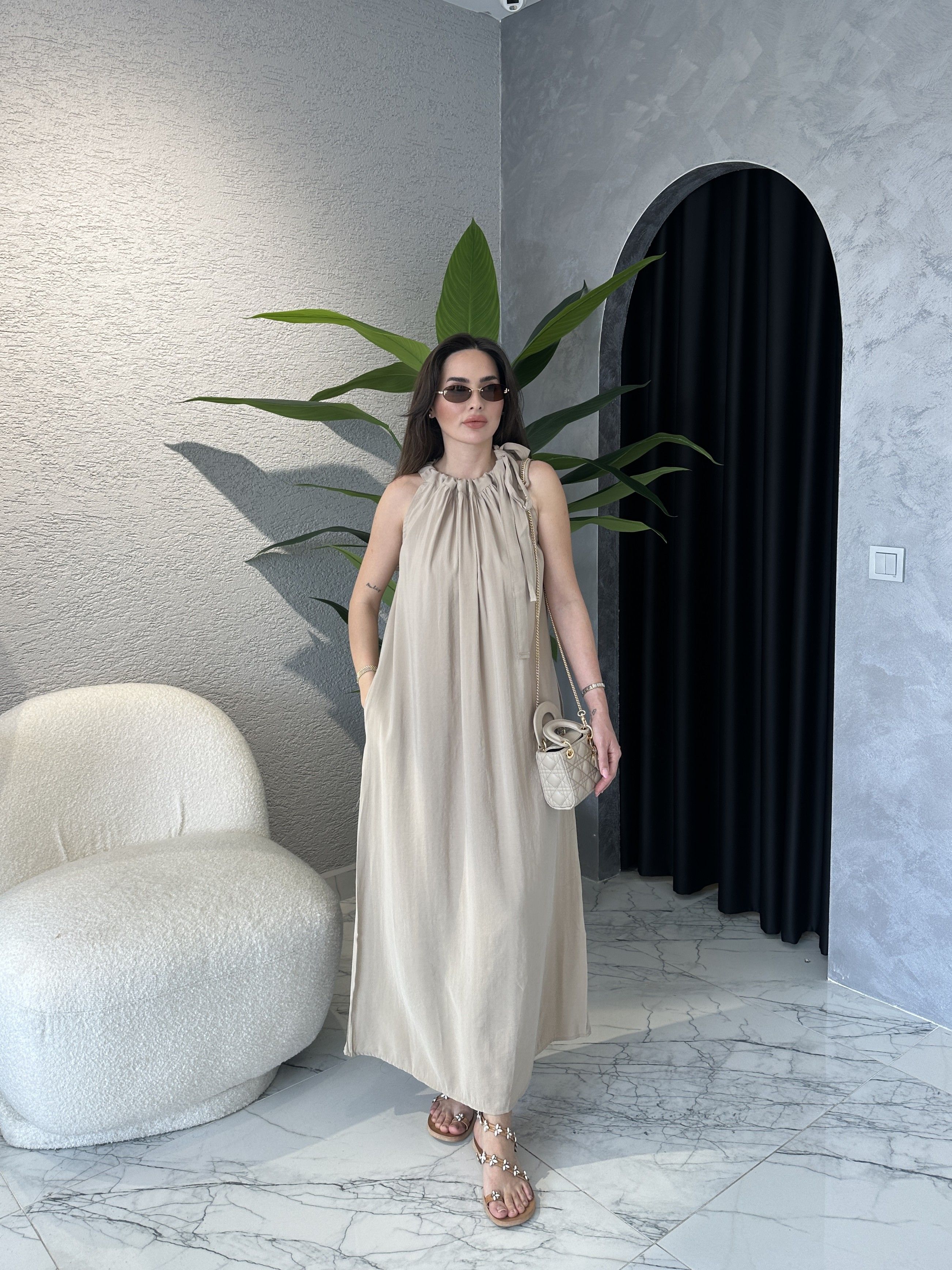 Tencel Modal Boyundan Bağlamalı Elbise - Vizon