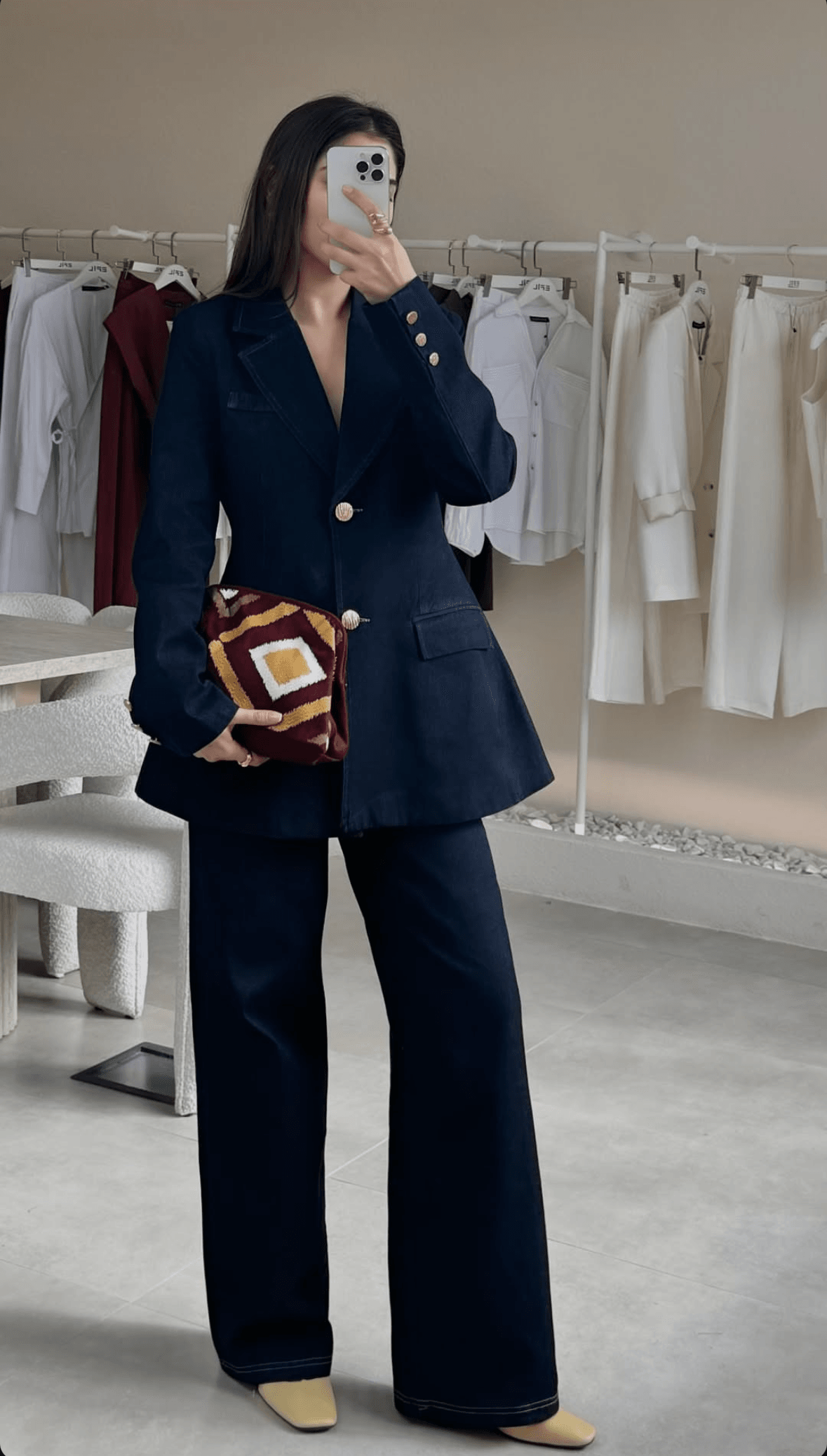 İndigo Belden Oturtmalı Blazer Jean Denim Takım