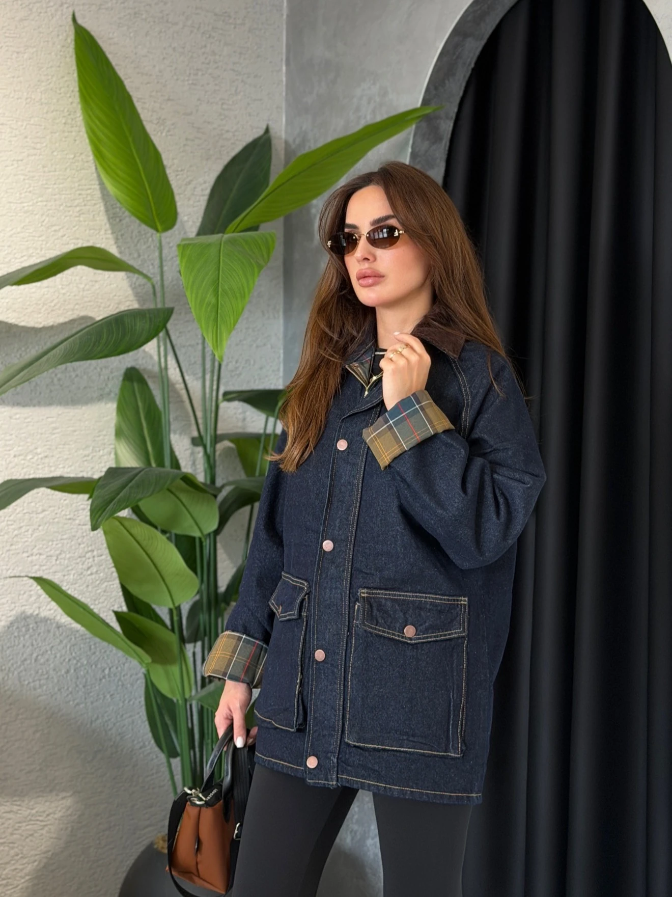 Ekose Astarlı Kadife Yaka Denim Premium Ceket